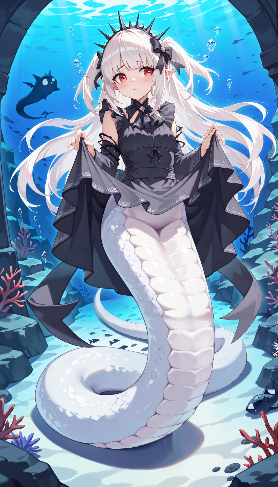 ( masterpiece), ( Best Quality ),( full five fingers ),A-Bao A Qu, the Lightless Shadow, 1 girl, alone, Maid outfit,Full body picture, White hair,headdress, Smile,Shy, lift up skirt , are very beautiful, absurd , Latest, Lamia, White Snake Tail ,(Underwater:1.2),seabed
