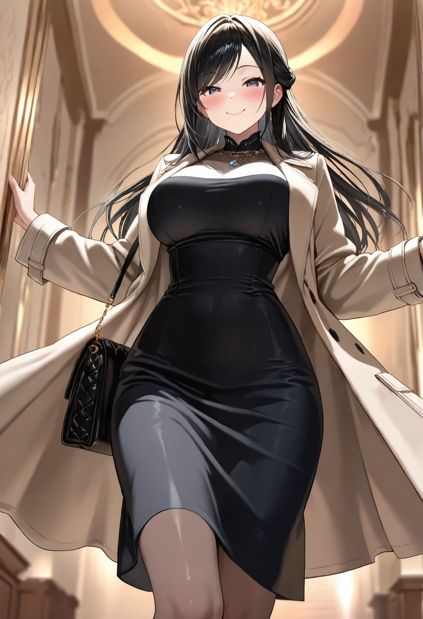 Dark brown eyed girl with long curly brown hair, with black glasses, with a black dress and with 2 silver necklaces