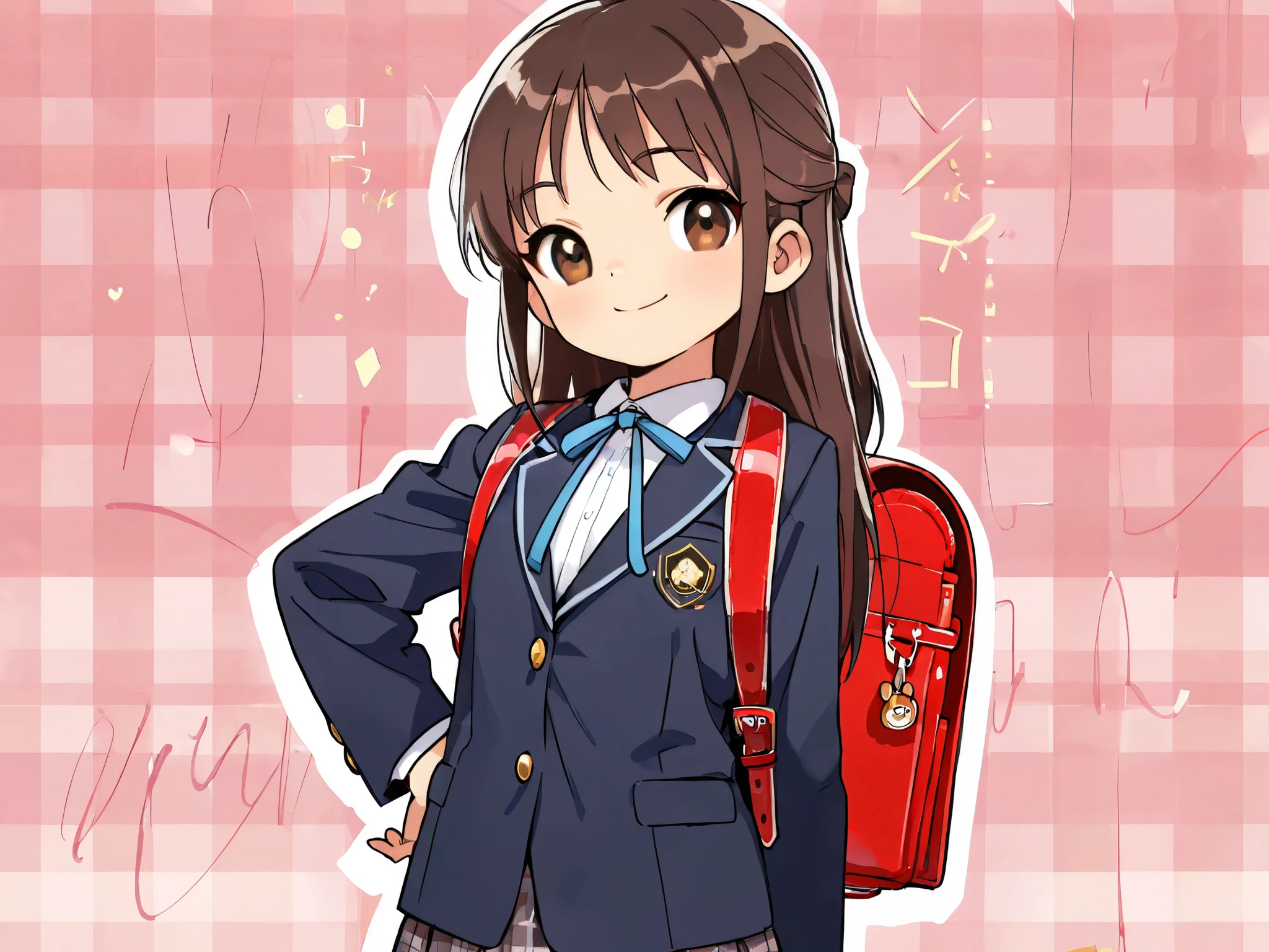 (Top Quality), (Very Aesthetic), (Super Detailed), (Best Illustration), , Solo Female, female , Girl, half updo, Blue Ribbon, Long Hair, Straight Hair, Sideburns, Center Parting, Brown Hair, Brown Eyes, Smiling, (flat breast), (school uniform, blazer, classic style with white shirt and plaid skirt, formal look), carrying randoseru backpack, On the way home through town
