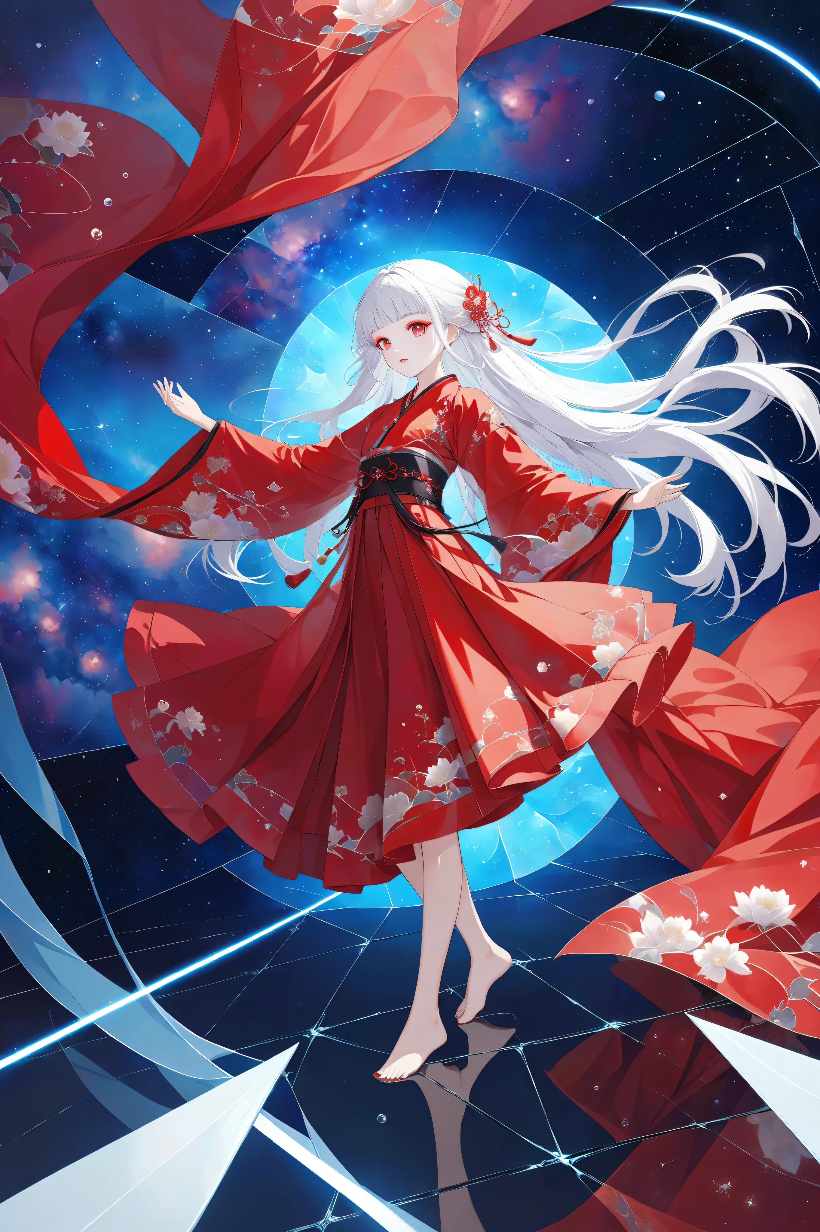 surrealistic illustration , ,Short legs, long silver white hair , Glowing burgundy pupils ( light red eyeshadow ), bright red water lip makeup,Red Hanfu, long cuffs slightly wide embroidered pattern . Large red dress , with an embroidered silk belt around the waist, barefoot,Floating, Nebula texture, Background wallpaper (Fibonacci Sequence), ground galaxy reflection , Multiple biological projection on the bottom left , Klein blue dominant color , laser light effect , Escher-style contradictory perspective , ceramic crack texture , 800% detailed accuracy ,Staring into the camera, stands