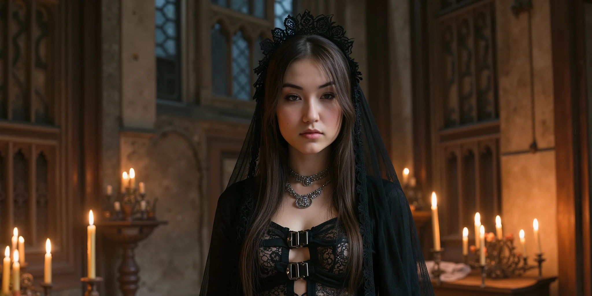 Colorful alcohol ink painting. Full body image of a female 18 year old stunning Korean, wearing a torn lace bodysuit with silver buckles and a long black lace veil and ritualistic silver jewellery  in a dark medieval castle enlightened with burning candles. 