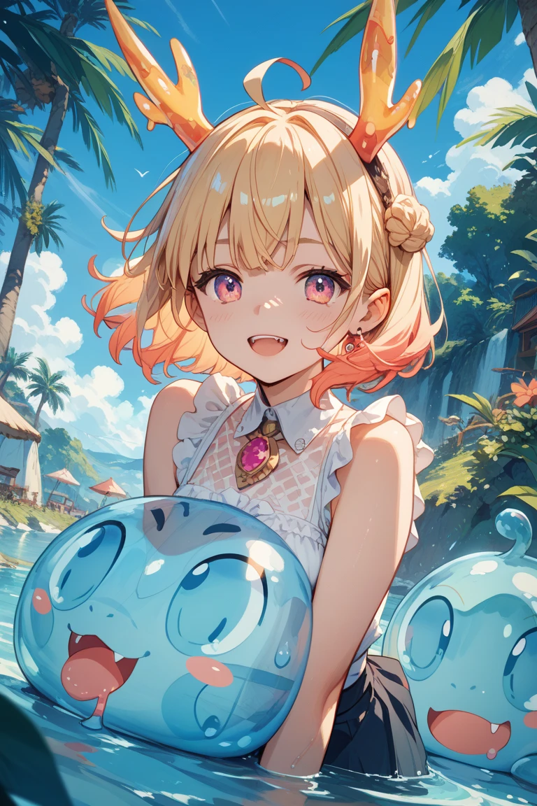 memcho, blonde, small horn, short hair, big eyes, ω, closed mouth, pink bikini, string bun, yumekawa, yumekawaii, pastel colors, wonderland garden, rainbow waterfall, dripping ink, imagination, (castle: 1.4), slime, holding slime, slime