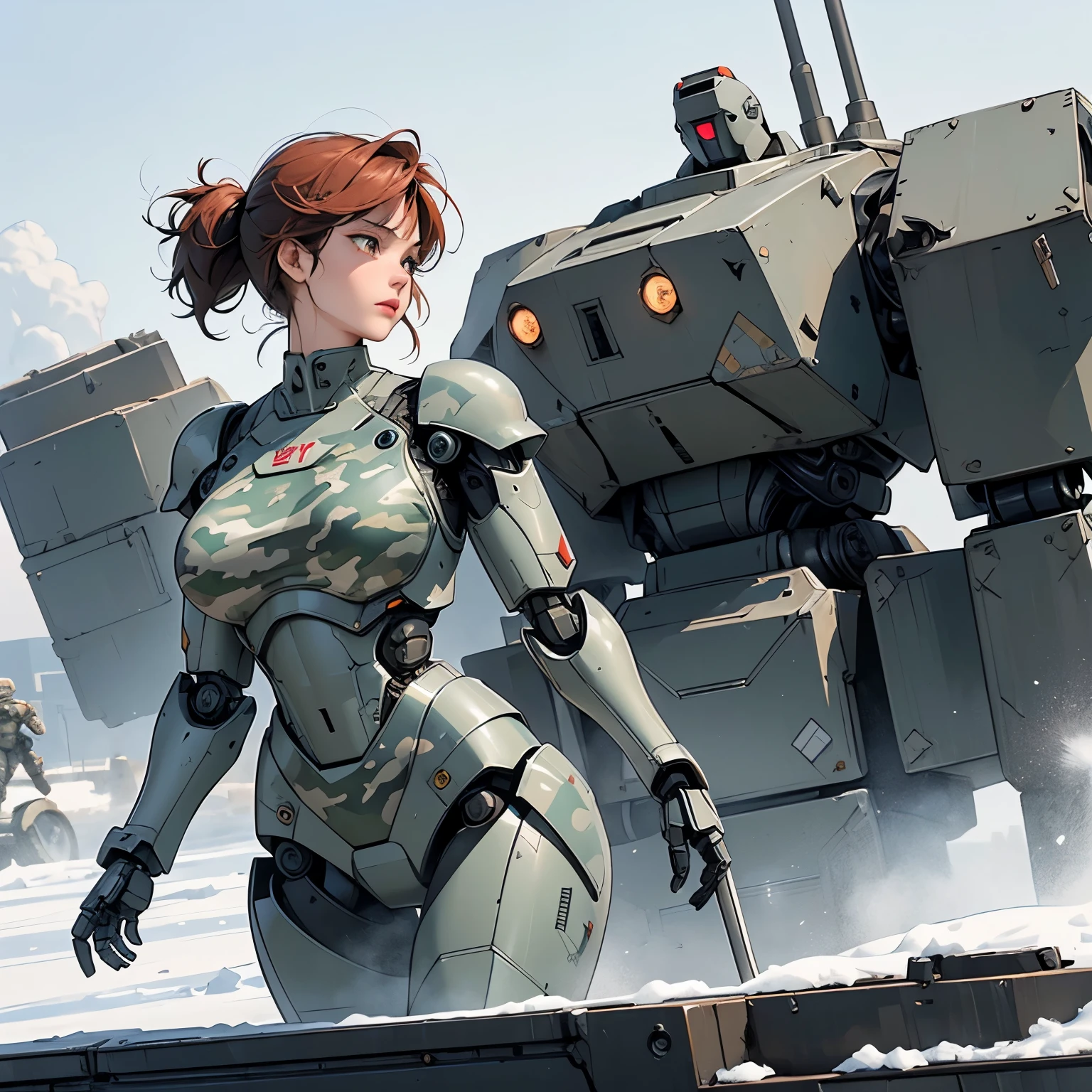 nsfw, anime screencap, 16K, perfect anatomy proportion body, perfect hands, action, A dynamic composition with a sense of speed and movement, (open cockpit, Ride large, heavily armored military heavy equipment:1.6), a wife, 40age, perfect beautiful delicate sexy face, perfect beautiful delicate slanted eyes, red hair, swept bangs pixie cut, medium breasts, Camouflage colored heavy armor robotic steam engine full armor powered suit, Many robot soldiers having a gunfight in the background, Flying bullets, Desert Battlefield, war, Post-apocalyptic,