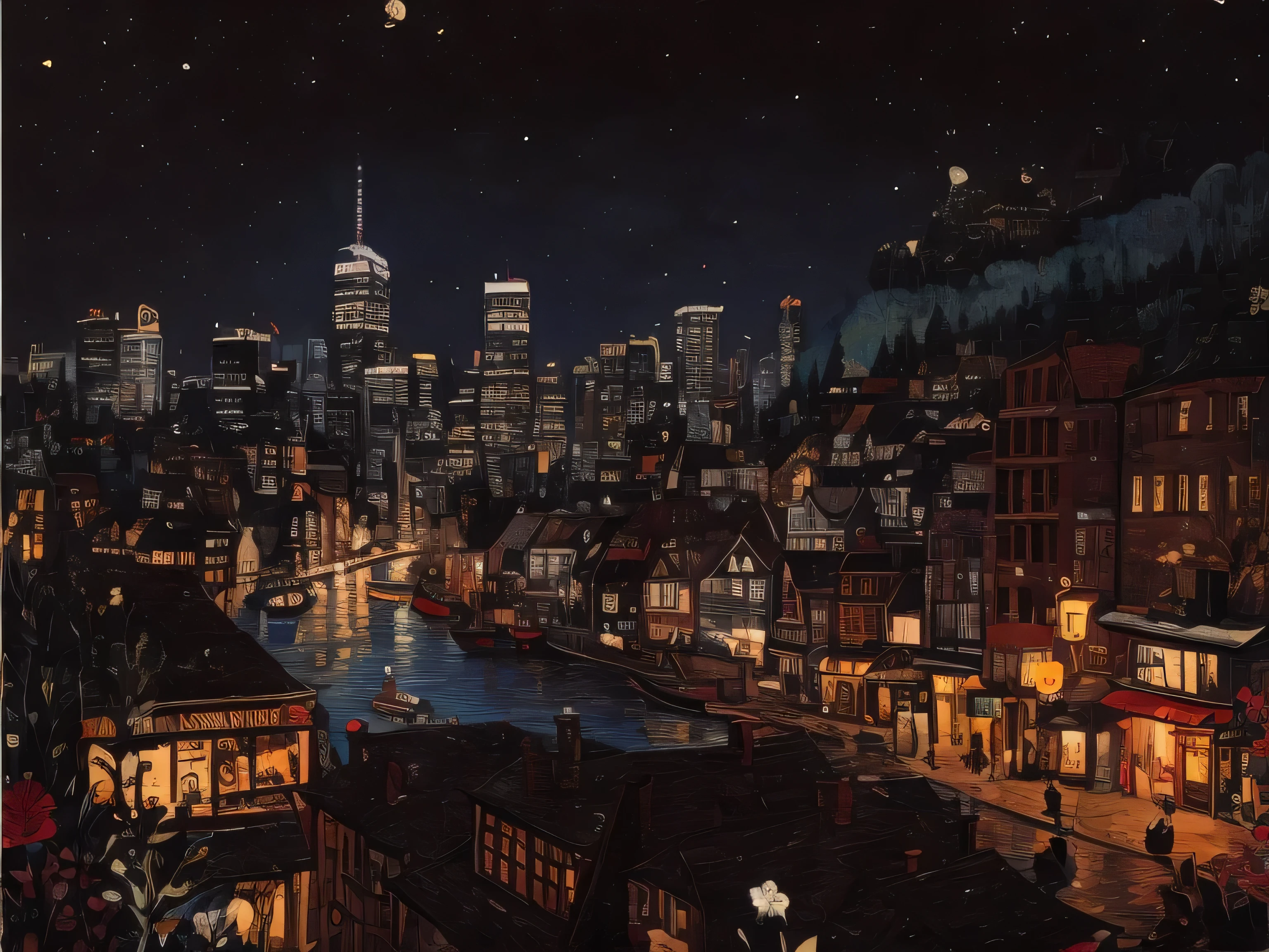 Painting of a city at night with a river running through it - SeaArt AI