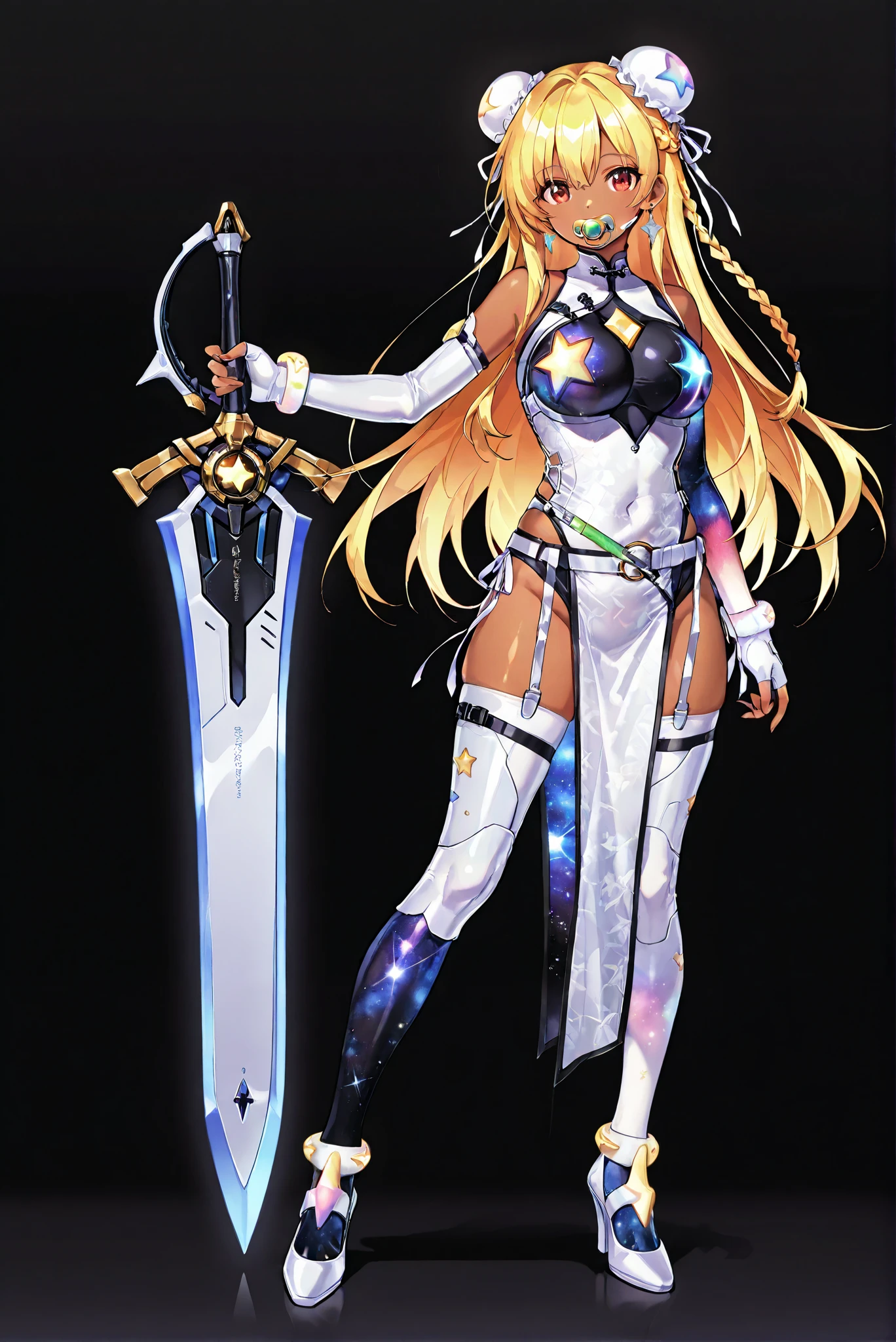 of_harp, cosplay,
Galaxy chest armor,
clothing cut ,
furry belt, furry Wristband,
Galaxy Leg Armor,
Galaxy Shoes,
Galaxy Armor,
裸露of肩膀,
fingerless gloves,
Wristband,jewelry,
Earrings,
arms,
Great sword,sword,圣sword,神sword
holding arms,
Galaxy Chinese dress,
Chinese clothing,
clothing cut ,
Galaxy Sling,
furry gloves,
transparent ,
裸露of肩膀,
lower leg skin,
Hollow Out Tailoring ,
white thigh socks,
double ball head, Bag Cap ,
ribbon,
lower leg skin,
white high heels,
( Grandstand,whole body, high heels, Front view , Vertical Image :1.7),孔 high heels ,Oval/circling/prick/ 喇叭 high heels ,, available color tone , Black Background ,Colorful, 鮮豔of色彩 ,Flashing Silhouette ,neon,Black Light ,[watch, Masterpiece, is very beautiful ,, 有光澤of皮膚, Galaxy dress, 後背全露of洋裝, Golden Ornament , 臂部prick青, , 碧藍fantasy_ fantasy, _Books_Shalem , dark skin , Blonde Hair, long hair, braid, red eyes, Pacifier ,