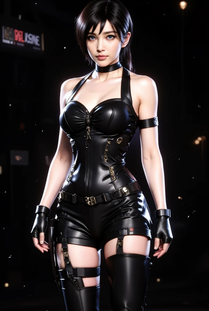 short black shorts, mesh mitts, black mesh fingerless gloves, mesh tights, ponytail, burgundy hair, nude breasts