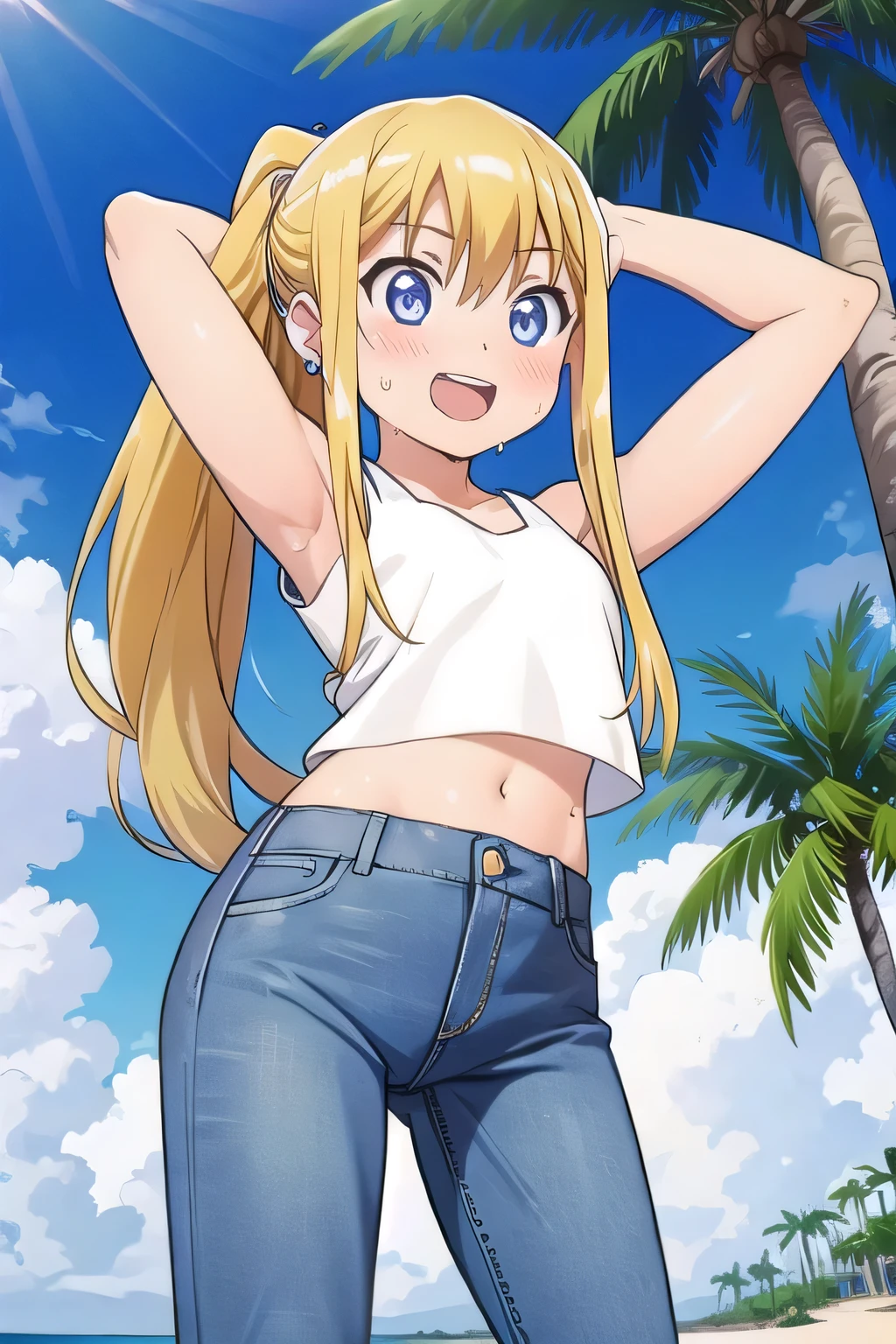 masterpiece,best quality,ultra detail, ((Perfect Face, Perfect Arms, Perfect hands, Perfect Fingers)), 1girl, , peti ((round face, ecstasy, orgasm face, drooping eyes, shame smiling, blush)), dropping eyes, sleepy, Open mouth, ((White teeth)), background((under the beach, (day:1.2), palm tree, bright sky)), winry rockbell, blue eyes, blonde hair, (long hair:1.4), ponytail, earrings, ((arms behind head, hands behind head, fingers behind head)), ((contrapposto)), spread armpits, looking at viewer,, (white tank top:1.2), (white crop top:1.2), (jeans pants:1.2, flares jeans:1.2, skinny jeans:1.2, blue jeans:1.2), standing, (legs spread:1.4), sex pose, Sweaty crotch, Steam from the crotch, from below, whole body