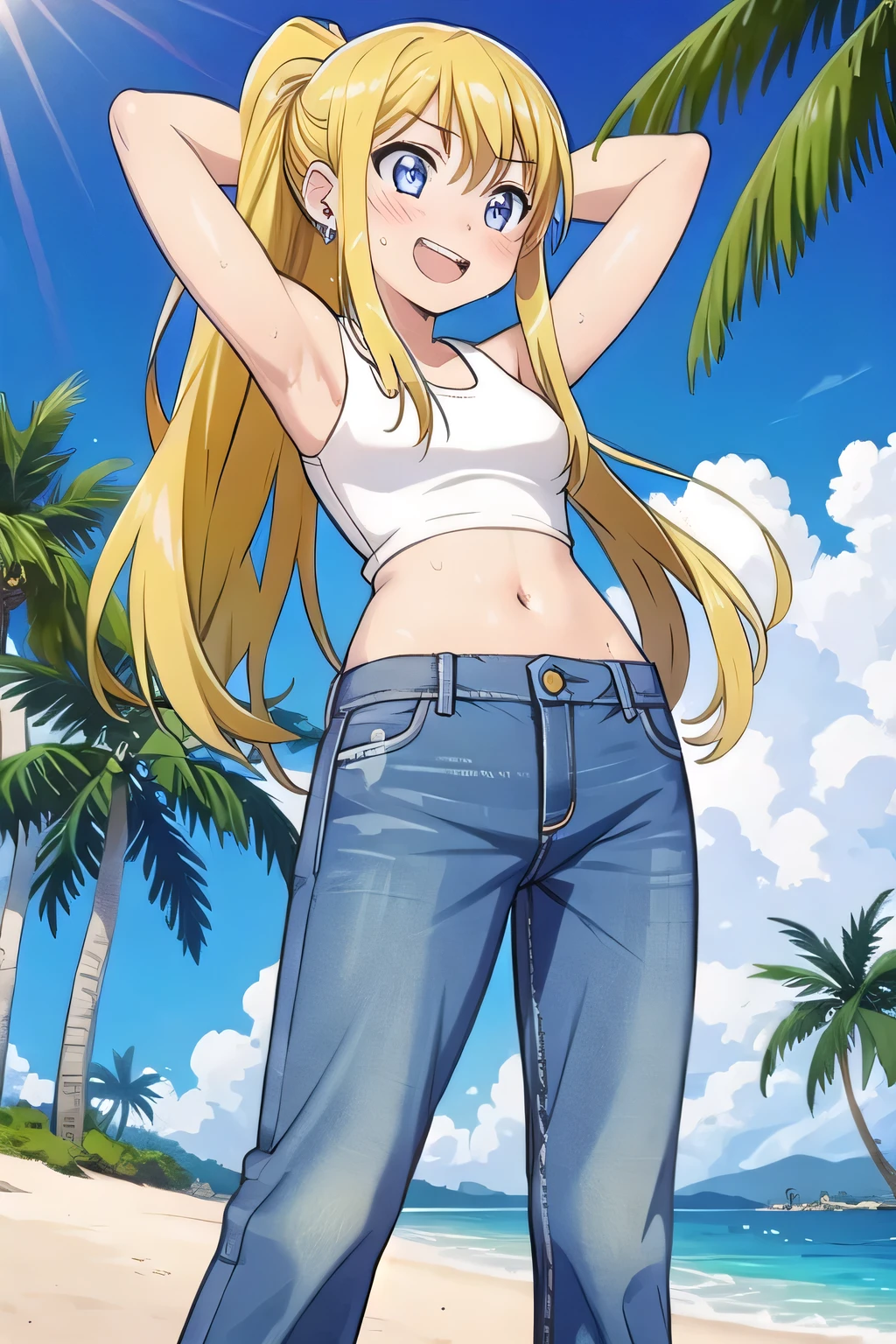 masterpiece,best quality,ultra detail, ((Perfect Face, Perfect Arms, Perfect hands, Perfect Fingers)), 1girl, 14yo, petite, ((round face, ecstasy, orgasm face, drooping eyes, shame smiling, blush)), dropping eyes, sleepy, Open mouth, ((White teeth)), background((under the beach, (day:1.2), palm tree, bright sky)), winry rockbell, blue eyes, blonde hair, (long hair:1.4), ponytail, earrings, ((arms behind head, hands behind head, fingers behind head)), ((contrapposto)), spread armpits, looking at viewer,, (white tank top:1.2), (white crop top:1.2), (jeans pants:1.2, flares jeans:1.2, skinny jeans:1.2, blue jeans:1.2), standing, (legs spread:1.4), sex pose, Sweaty crotch, Steam from the crotch, from below, whole body