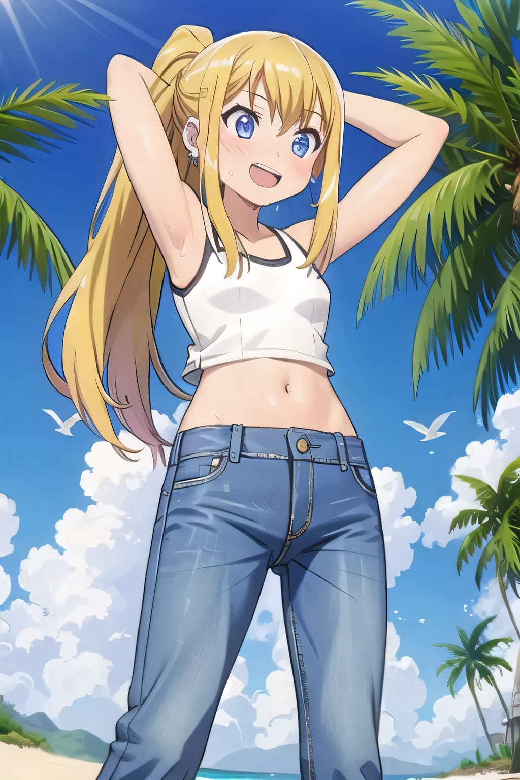 masterpiece,best quality,ultra detail, ((Perfect Face, Perfect Arms, Perfect hands, Perfect Fingers)), 1girl, , peti ((round face, ecstasy, orgasm face, drooping eyes, shame smiling, blush)), dropping eyes, sleepy, Open mouth, ((White teeth)), background((under the beach, (day:1.2), palm tree, bright sky)), winry rockbell, blue eyes, blonde hair, (long hair:1.4), ponytail, earrings, ((arms behind head, hands behind head, fingers behind head)), ((contrapposto)), spread armpits, looking at viewer,, (white tank top:1.2), (white crop top:1.2), (jeans pants:1.2, flares jeans:1.2, skinny jeans:1.2, blue jeans:1.2), standing, (legs spread:1.4), sex pose, Sweaty crotch, Steam from the crotch, from below, whole body
