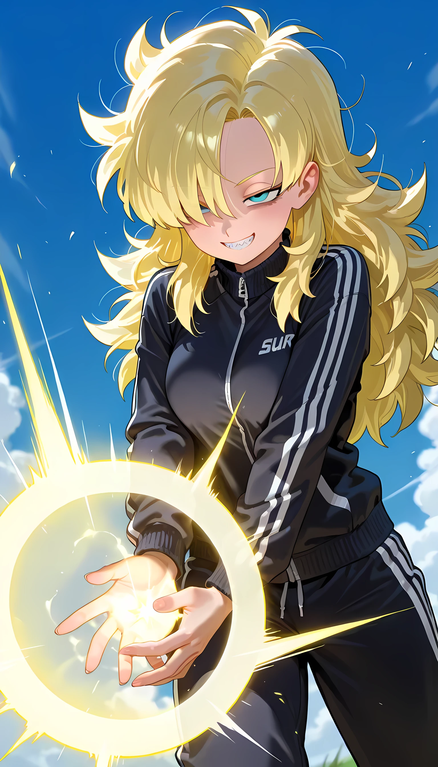 (masterpiece, best quality, amazing quality, very aesthetic, absurdres, newest:1), masterpiece,best quality,amazing quality, 1girl,solo,solo girl,long hair,((messy hair)), hair over one eye, bags under eyes , jitome ,half closed eyes,grin ,sharp teeth,medium breasts,(black tracksuit),super saiyan,super saiyan aura ,kamehameha pose