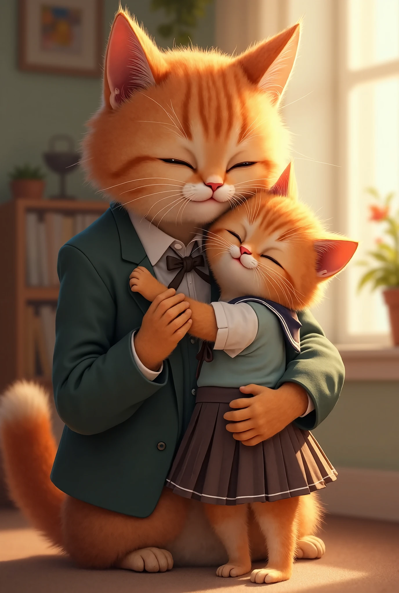 mother cat(dressed) hugging kitten (kitten cat orange, girl, cute, dressedschool uniform). Happy atmosphere