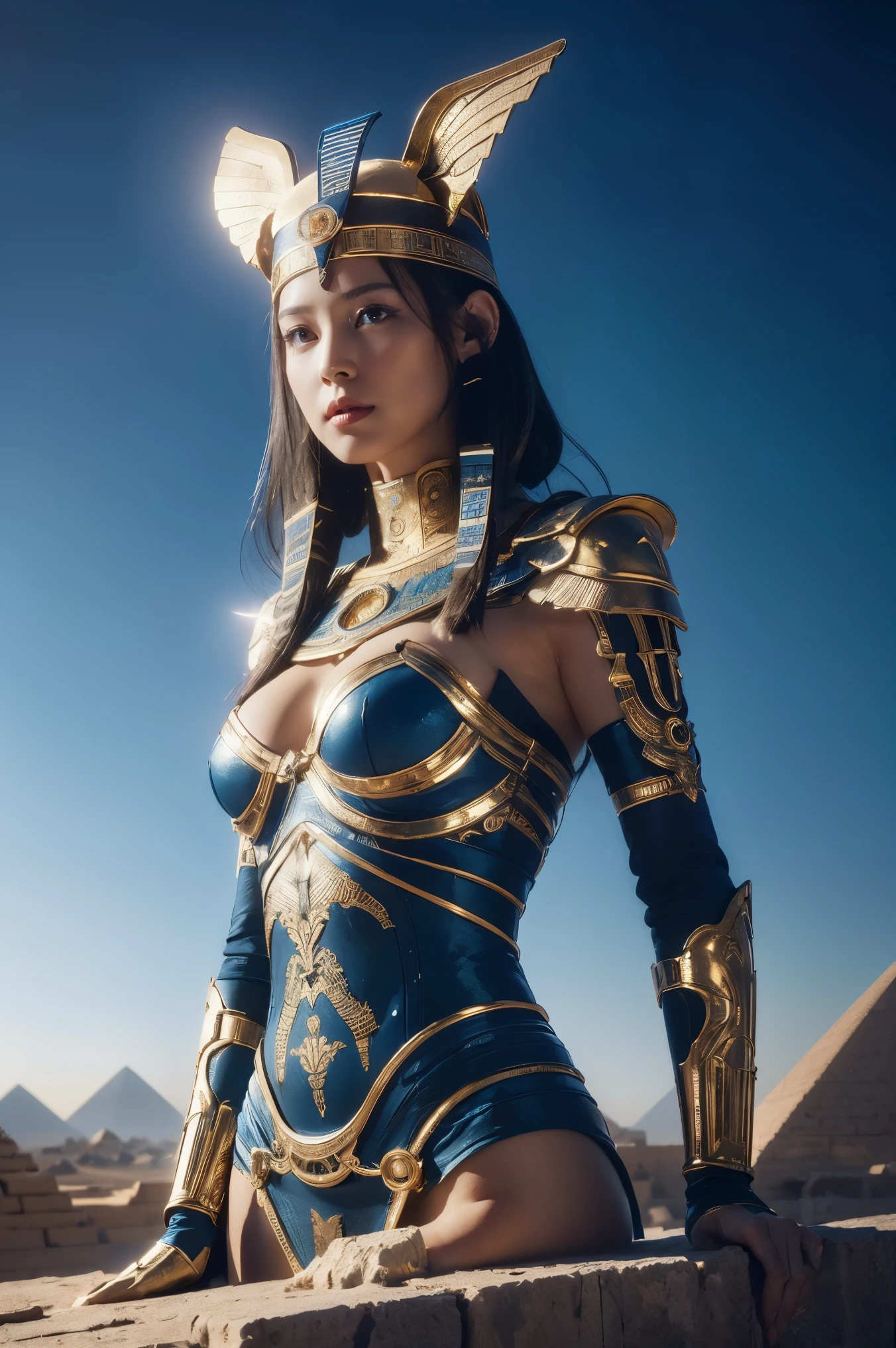 (( best quality、8k、 masterpiece:1.3))、 photo real,  Sharp Concentration ,   high definition ,  high resolution,  portrait with hair, 1 person, woman, beautiful woman,  sexy、古代エジプトを歩くエジプトのwoman戦士、Complex technology,  Remote Pyramids and Ancient Egyptian Cities、cyber-、 Light and Shadow 、Blue light、