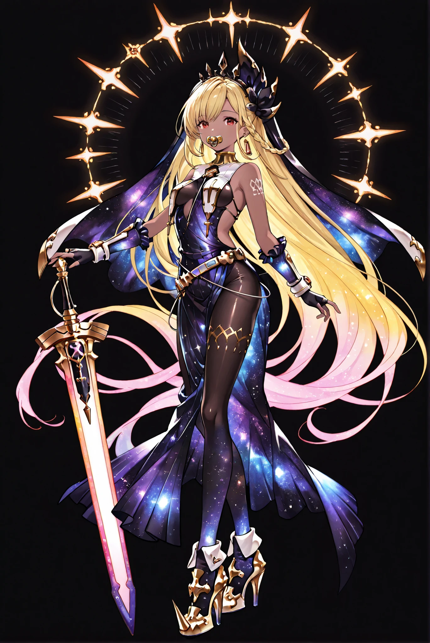 of_HARP, cosplay,
Galaxy furry chest armor,
clothing cutout,
Galaxy furry belt, Galaxy furry bracers,
Galaxy furry leg armor,
Galaxy furry footwear,
armor,
bare shoulders,
fingerless gloves,
bracers,jewelry,
earrings,
weapon,
Galaxy Sword,Galaxy Sword,Galaxy Holy Sword,Galaxy Excalibur
Holding weapon,
ruanyi0847,bodysuit,breast curtains,dress,nun,pantyhose,pelvic curtain
Pleated skirt, Shirt tied inside, 帳篷襯衫,
( stands,whole body, high heels, front view,Standing picture:1.7),HoleHeels,oval/Circle/Thorn/Horn Heels,, Limited Color Palette , Black Background ,Colorful, vivid colors ,Flashing silhouette ,neon,black light ,watch, Masterpiece, very beautiful ,, shiny skin, galaxy dress, backless dress, golden ornaments, arm tattoo, , Granblue_ fantasy, Helel_Ben_Shalem, dark skin, Blonde, long hair, braid, red eyes, pacifier,