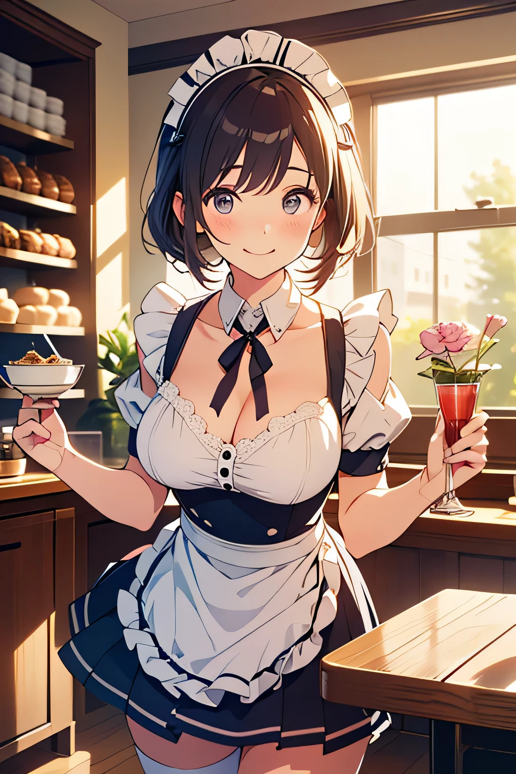 masterpiece, best quality, <lora:xiangling:1>,1girl, breasts, xiangling (genshin impact), solo, maid, food, cleavage, yellow eyes, braid, looking at viewer, smile, maid headdress, blue hair, clothing cutout, short sleeves, cleavage cutout, holding, hair rings, hair ornament, choker, tray, bangs, apron, short hair, hair ribbon, dress, window, puffy sleeves, ribbon, maid apron, collarbone, alternate costume, puffy short sleeves, ice cream, twin braids, medium breasts, enmaided, frills, hairclip, brick wall, spoon, indoors, holding tray, closed mouth, cup, incoming food, candy, thick eyebrows, fruit, drinking glass, lollipop, blunt bangs, black dress