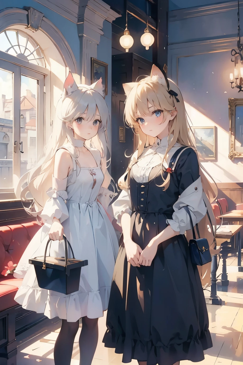 Masterpiece,16k, Cat ears, train station,
Two famous fairy tale girls having tea together,
One is Little Red Riding Hood,
One of them is Alice from Alice in Wonderland,
Little Red Riding Hood, wearing her red cloak and carrying a basket, looks back with a cautious but friendly expression,
Break
Alice is depicted as a curious girl in her iconic blue and white dress, holding a teacup, with her blonde hair flowing. She stands intrigued, while