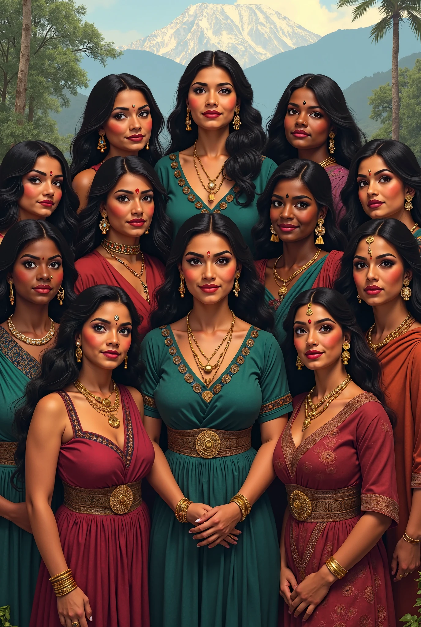 (Best Quality),(High resolution),(8k),(Masterpiece),indian kali temple,two mature ladies in sarees,stand out against the dark, mystical backdrop. Their unnaturally black, 3C curly hair, reminiscent of coiled springs, draws the eye with its inexplicable sheen and volume. Each strand seems to have been meticulously crafted by an unseen hand, coiled and coiled a million times over until it reaches a state of surreal perfection. The hair appears to have been showered with an unimaginable amount of oil, so much so that it resembles wet pulp, saturated and absorbing the light around them.kneeled,bend over and hands on the ground,one lady kissing head scalp from behind keeping tongue out(show me your tongue out, long tongue:1.2),((perfect color grading))