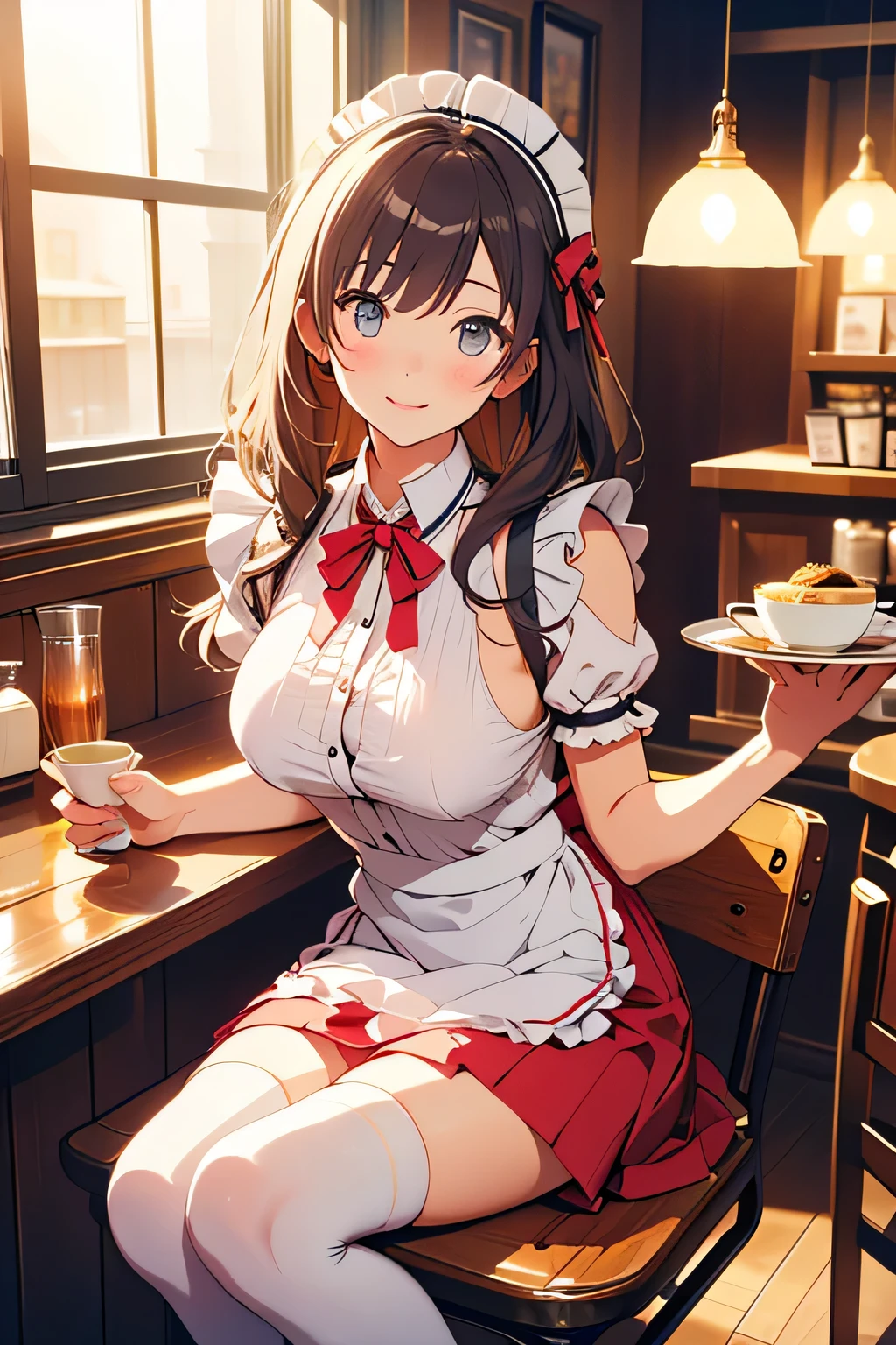  best quality、 high resolution、( high definition:1.2)、 Masterpiece、 detailed background、age beauty、( huge breasts:1.3)、( highly detailed faces:1.3)、 detailed expressions 、( Details:1.3)、 anatomically correct、(Normal number of fingers:1.3)、
(A moment at a maid cafe wrapped in a slightly sweet and warm atmosphere:1.5)、
A pastel colored dress that settles down on a white apron with fluffy frills、} The maids are happily going back and forth between the store and carefully carrying tea and scones while rocking their fluffy aprons and ribbons {x} The interior, which is based on white and pink, is lovely like a picture book world, and pretty flowers adorn the window, and the sun gently shines in、counter where they smile while polishing cups and sometimes panic over small mistakes、When you open a small cafe door, a gentle bell sounds and the sweet scent of baked goods drifts softly at the、A gentle time carrying a gentle smile and happiness spread inside the store、A moment at a maid cafe wrapped in a slightly sweet and warm atmosphere、A lace petticoat peeking through a fluffy, sprawling knee-length skirt、small ruffled headbands and bonnets with ribbons、lace accents on puff sleeves and three-quarter sleeves、customers Heartfelt hospitality continues to flow so that you can relax、loafers with ribbons、white knee socks and tights、Elegant gestures with ribbon chokers and、Small brooch、trays、 very beautiful