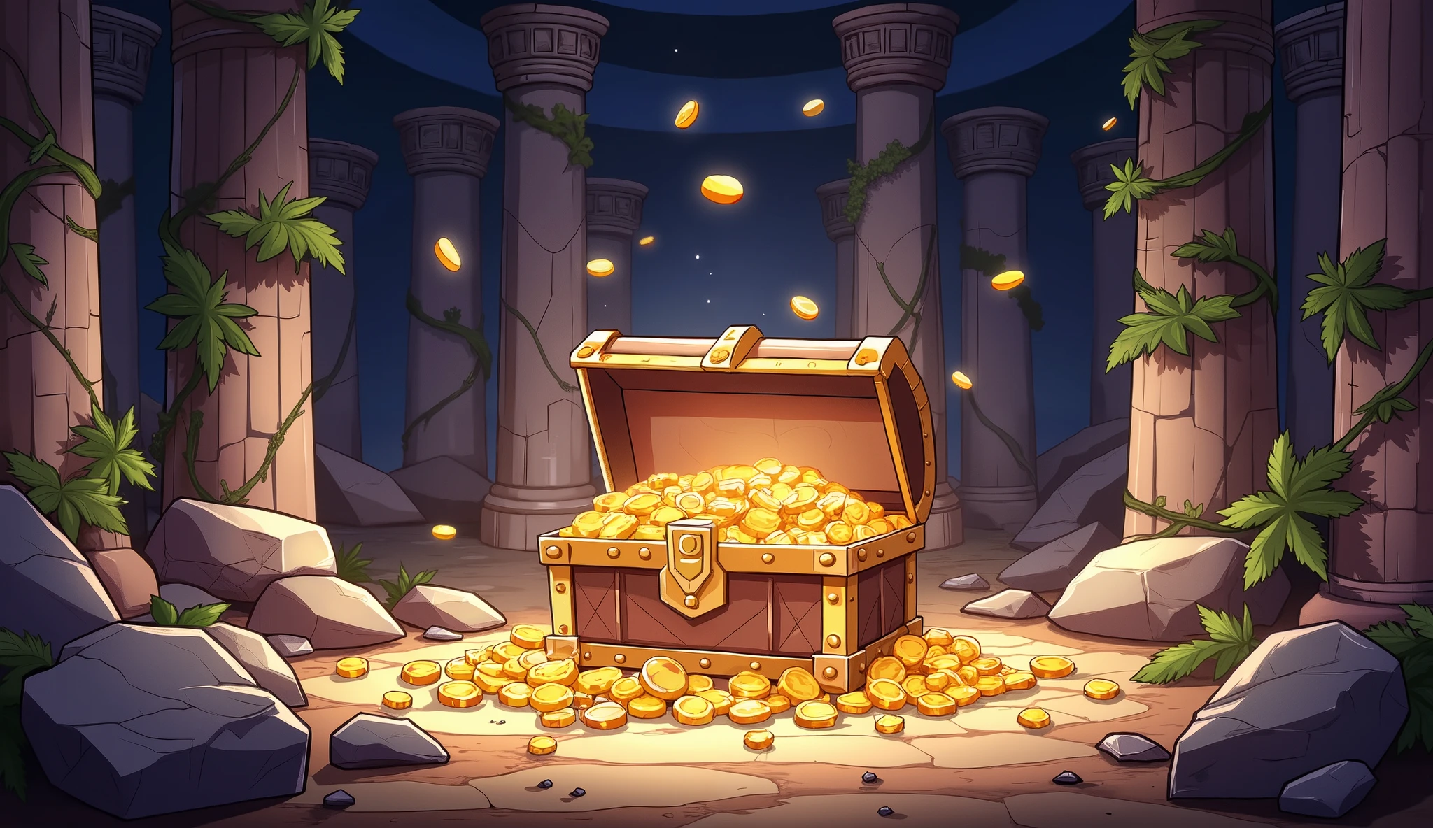 An old, abandoned temple in ruins, with towering stone pillars—some broken and crumbling. Large rocks have fallen and are scattered across the scene, forming small piles of debris. Vines and tendrils creep over the temple walls, wrapping around the fallen pillars and cracks. In the middle of the scene, a magnificent treasure chest made entirely of gold stands prominently. The chest is open, overflowing with shimmering gold coins, dazzling diamonds, and exquisite gold jewelry. The chest shines brightly, making it the focal point of the image. The scene is illustrated in a cartoon or vector style, with bold lines and vibrant colors, capturing both the mystery of the temple and the brilliance of the treasure.