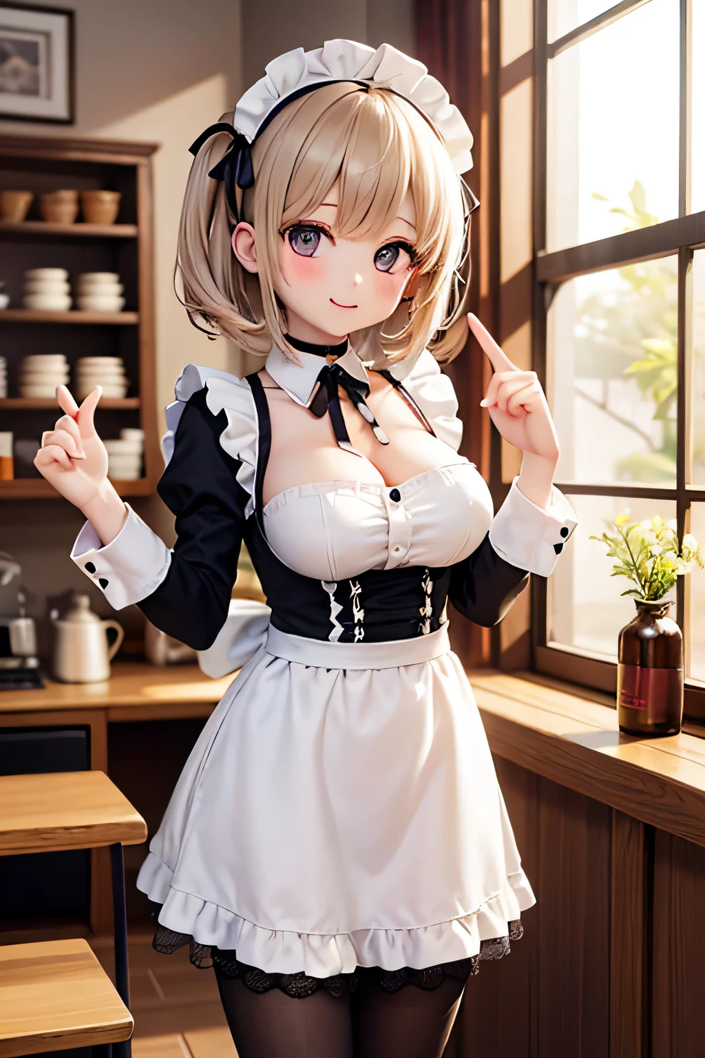 nsfw, 1 girl, medium breasts, white frilly apron, pixie cut, curly hair, Light brown hair, blue eye