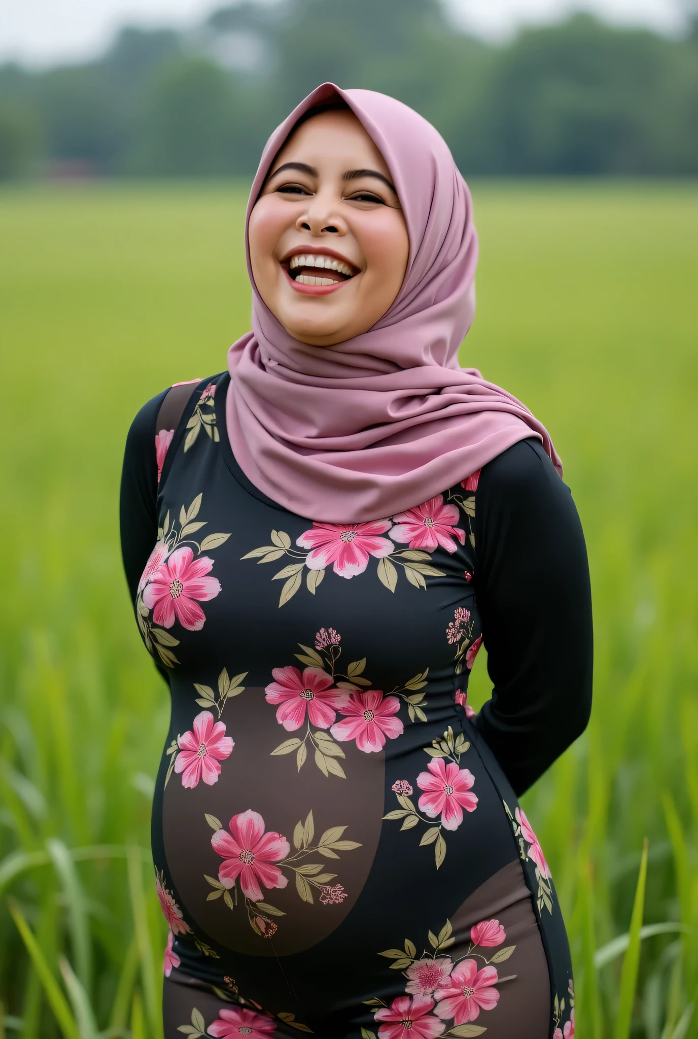 Masterpiece:1.2, high quality, best quality, high resolution, detailed, hyper realistic, 1 malay girl, wear baju kurung, big breast, ((pregnant)), wide angle photo, brown eyes, head tilt, sunset, birds flying, strawberry plant, Portrait, smile, showing teeth, (detailed face), ((sharp focus)), ((face)), upper body, mid shot portrait,