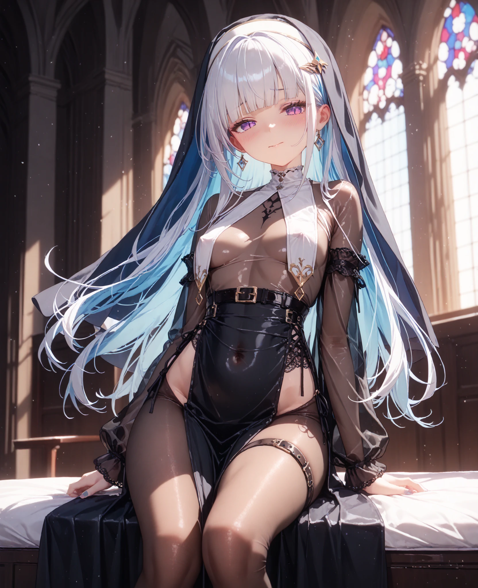 ((Best quality)), ((masterpiece)), (detailed:1.4), 3D, an image of a beautiful cyberpunk female,HDR (High Dynamic Range),Ray Tracing,NVIDIA RTX,Super-Resolution,Unreal 5,Subsurface scattering,PBR Texturing,Post-processing,Anisotropic Filtering,Depth-of-field,Maximum clarity and sharpness,Multi-layered textures,Albeo and Specular maps,Surface shading,Accurate simulation of light-material interaction,Perfect proportions,Octane Render,Two-ton lighting,Wide aperture,Low ISO,White balance,Rule of thirds,8K RAW,long braid on one side,wet panties,Take the floral panties,white panties,can saw a trace on my underwear vagina,Pink floral panties,two leg only, panties is very wet,The panties are so sheer you can see the pussy,(idle),Spread legs,can see the pussy from panties,black stockings,black garter belt,zoom in pussy,very huge breasts,Breasts as big as watermelons,tight legs,big labia majora pussy,Put hand on the genital area where you are wearing underwear,two women,big tits,There was another woman who was naked Another woman was wearing white lingerie with a floral pattern,very big breasts,big clitoris female genitalia, sci-fi shirt,pubic hair,There is a small tattoo above the genitals,Lace patterned panties,The pussy is dark in color,There is a lot of white hair on the pussy,There is sweat on the body,Pulling up panties to show her pussy,white color hair women,(white color panties),lots of white fur,Spread your legs and kneel,Both hands were tied with handcuffs,Tight underwear,lot of public hair