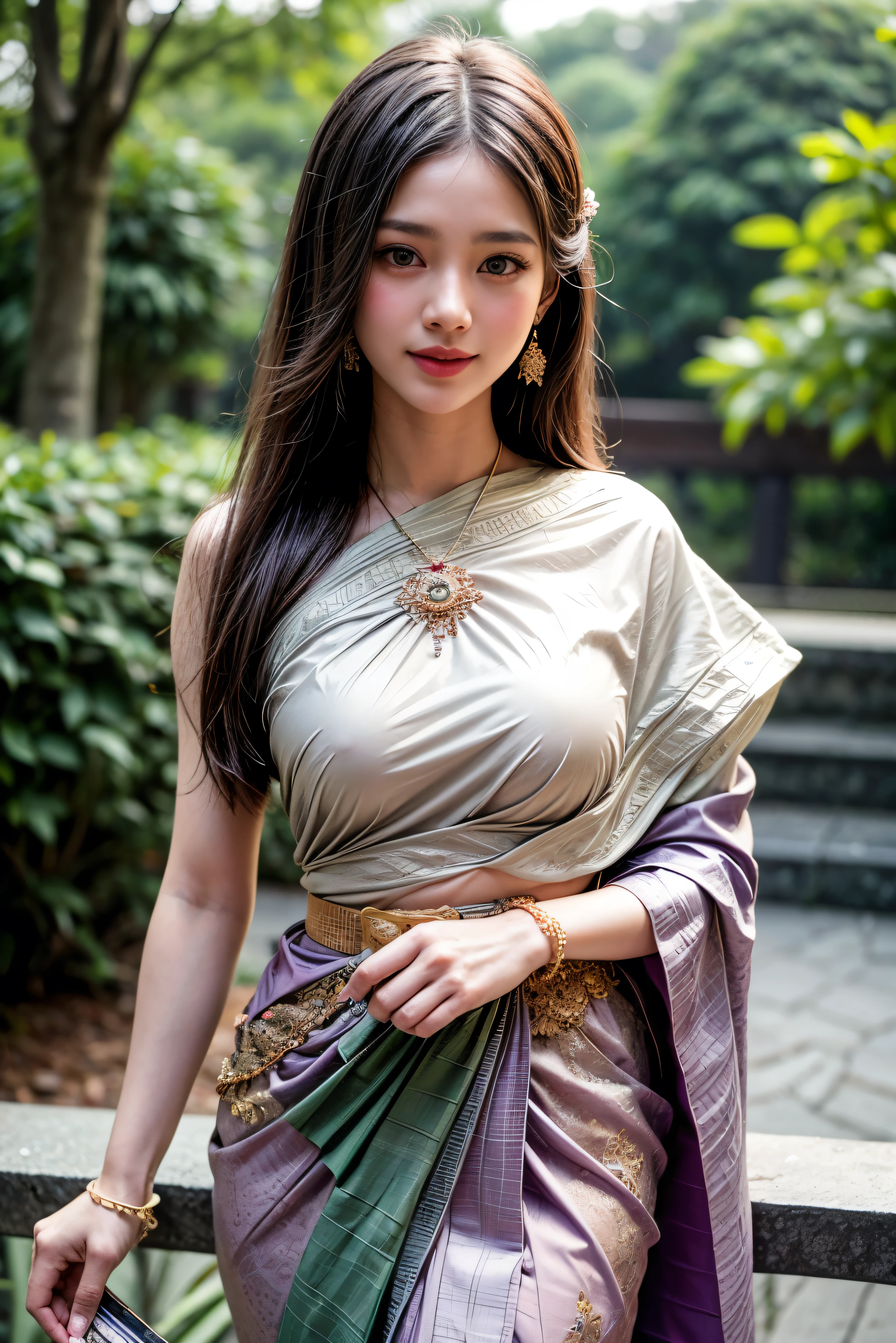 8K, ultra high detailed, an thai girl, cute face, happy, long hair, impressive hairstyle, detailed eyes, detailed lips, thai clothes, saree, green saree, lace, wearing jewellery, nature background, flowers, afternoon, shadow, clear weather, whole body capture, smile, nsfw
