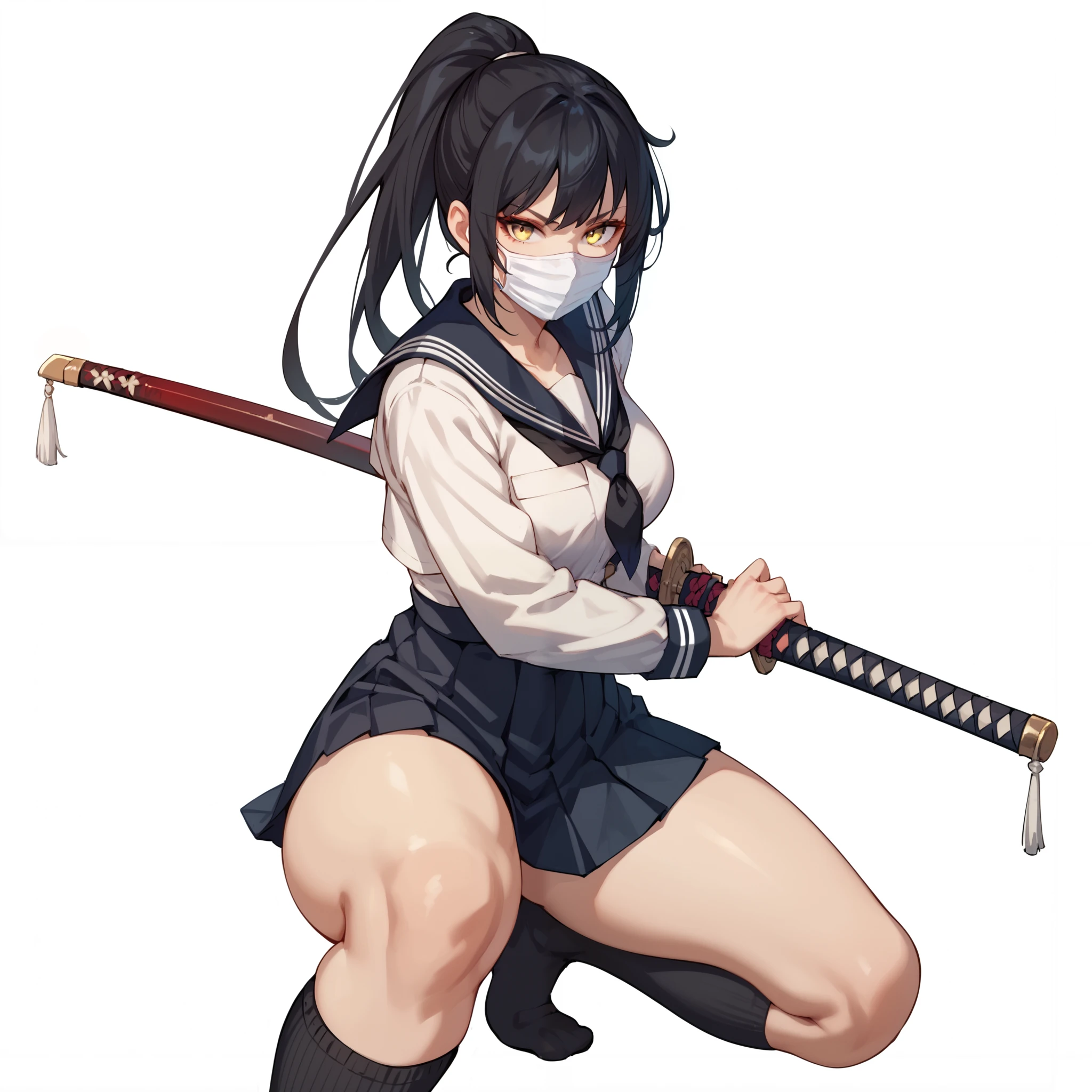 1girl, solo, long black hair in a ponytail, yellow eyes, medium breasts, narrow waist, wide hips, thick thighs, serafuku uniform, black thigh high socks, white face mask, expressionless, battoujutsu, one knee, looking at viewer, simple background, from the front view