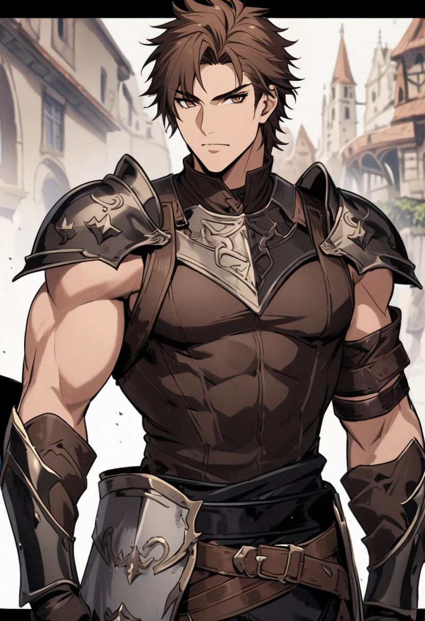 Muscle man, long brown hair, silver armor, silver mask, silver knight armor with bare chest