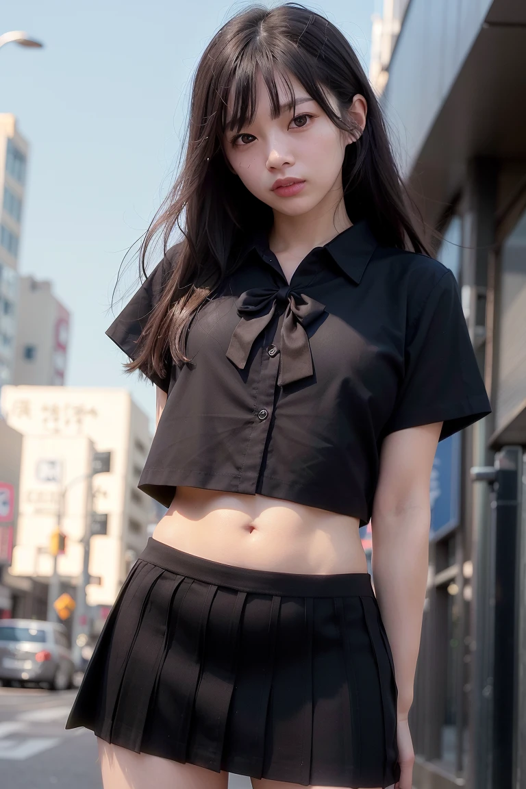concept art, small chest, hips, look at viewer, shy blush face, sexual expression, 1school girl, wearing white school top, black skirt, Japanese school dress, skirt floating, unconcerned, NSFW, quality, in the garden, loli, contrast, dark,