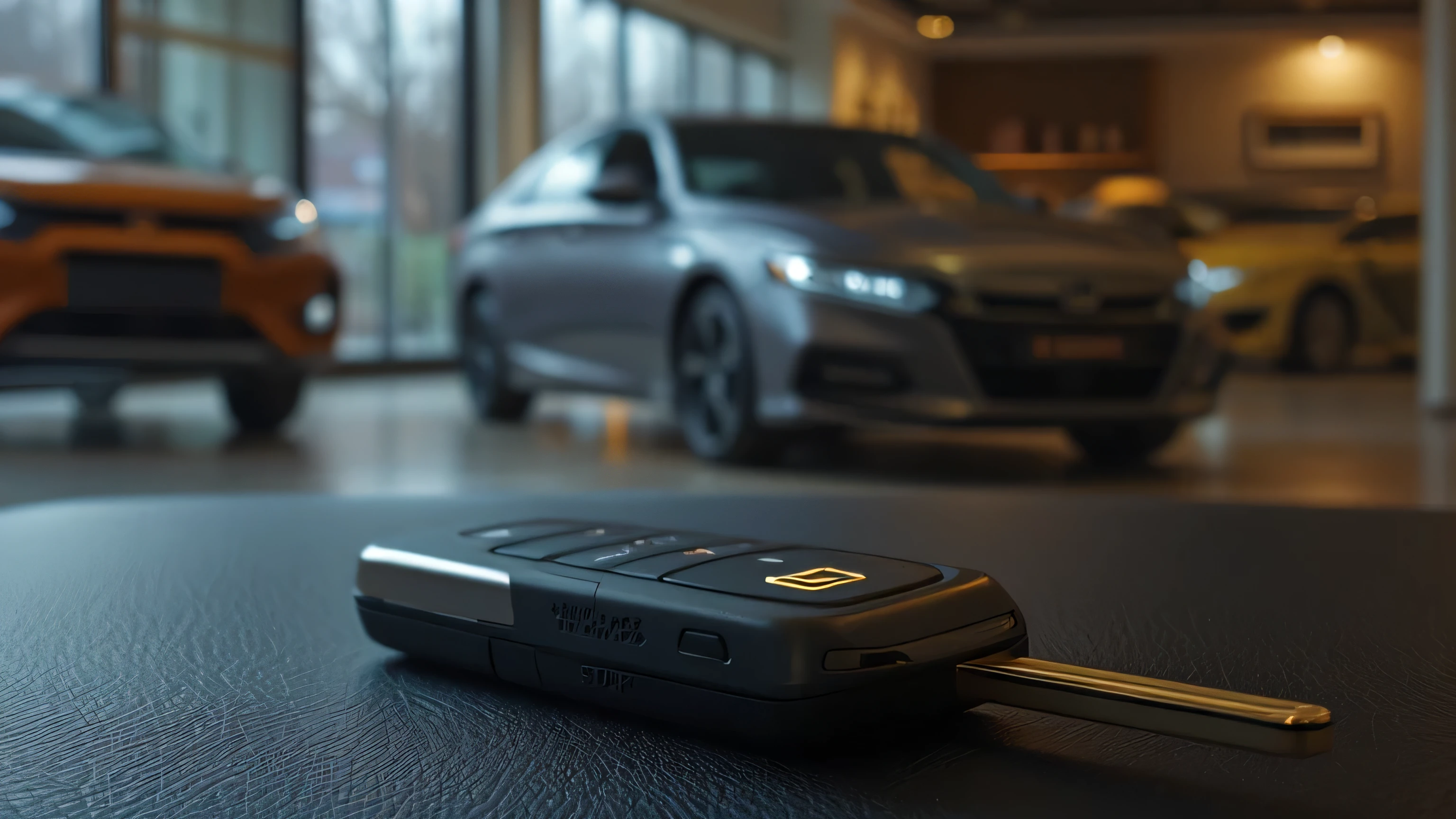 A cinematic ultra HD 8K image of the Honda Accord XI Facelift 2026's key fob placed on a luxurious leather surface inside a modern car showroom. The key fob has a sleek design with an illuminated Honda logo and multiple smart functions, including remote start.