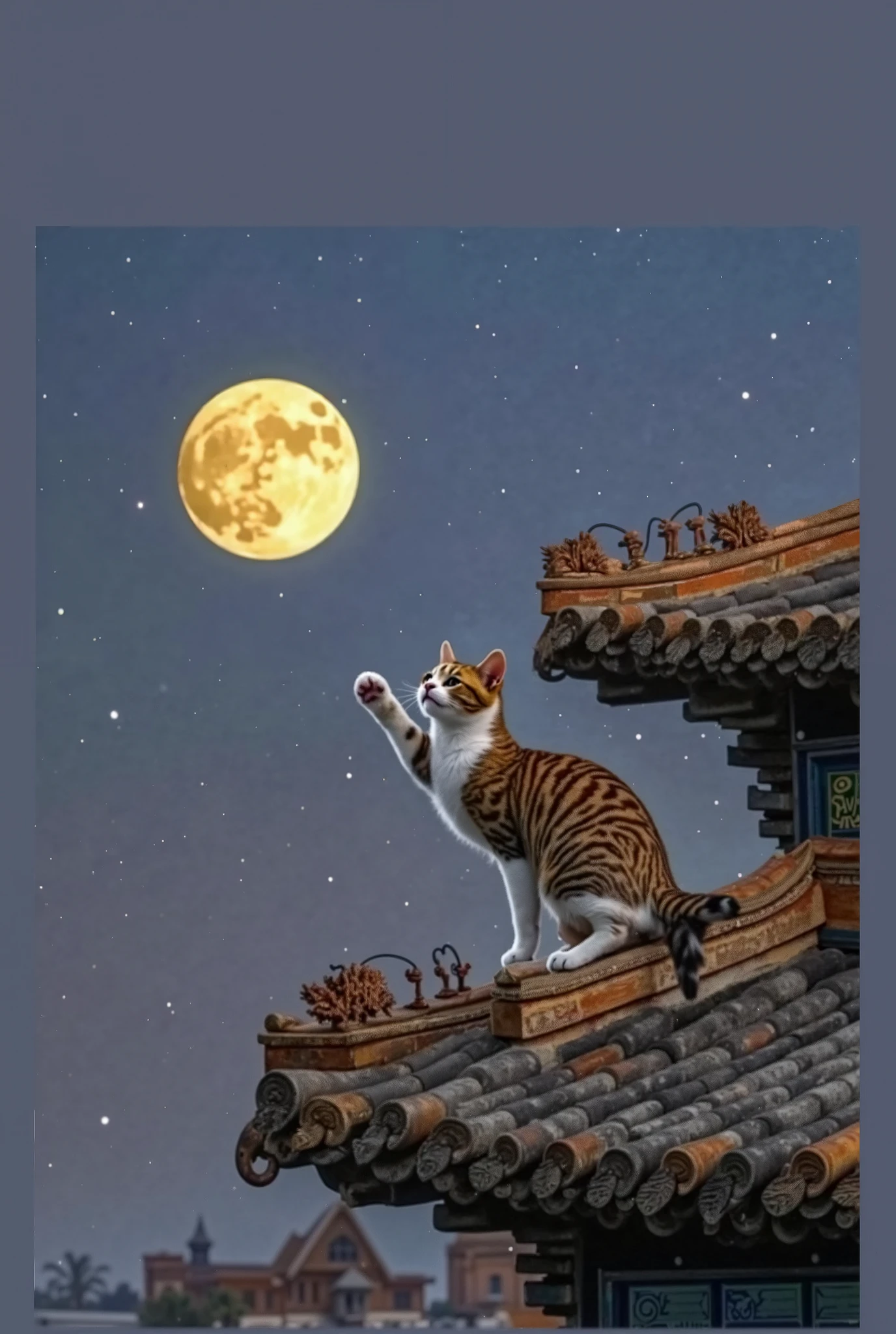 There is a cat that is sitting on a roof with a full moon - SeaArt AI