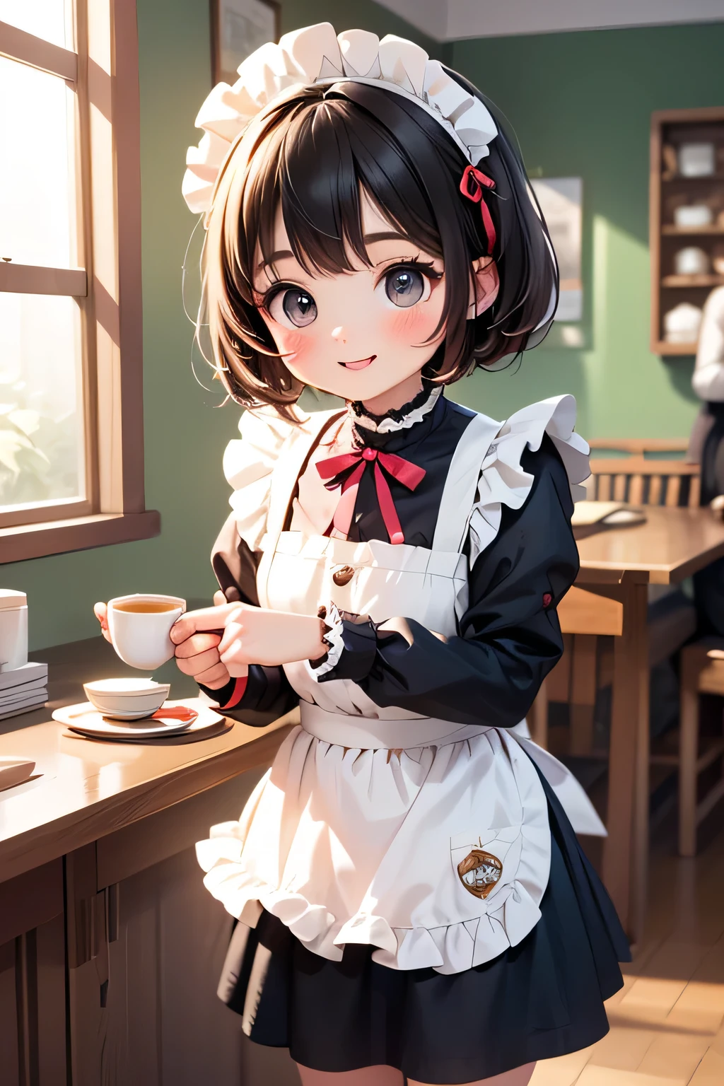 best quality、 high resolution、( high definition:1.2)、 Masterpiece、 detailed background、age beauty、( highly detailed faces:1.3)、 detailed expressions 、( Details:1.3)、 anatomically correct、(Normal number of fingers:1.3)、
(A moment at a maid cafe wrapped in a slightly sweet and warm atmosphere:1.5)、
A pastel colored dress that settles down on a white apron with fluffy frills、} The maids are happily going back and forth between the store and carefully carrying tea and scones while rocking their fluffy aprons and ribbons {x} The interior, which is based on white and pink, is lovely like a picture book world, and pretty flowers adorn the window, and the sun gently shines in、counter where they smile while polishing cups and sometimes panic over small mistakes、When you open a small cafe door, a gentle bell sounds and the sweet scent of baked goods drifts softly at the、A gentle time carrying a gentle smile and happiness spread inside the store、A moment at a maid cafe wrapped in a slightly sweet and warm atmosphere、A lace petticoat peeking through a fluffy, sprawling knee-length skirt、small ruffled headbands and bonnets with ribbons、lace accents on puff sleeves and three-quarter sleeves、customers Heartfelt hospitality continues to flow so that you can relax、loafers with ribbons、white knee socks and tights、Elegant gestures with ribbon chokers and、Small brooch、trays、 very beautiful