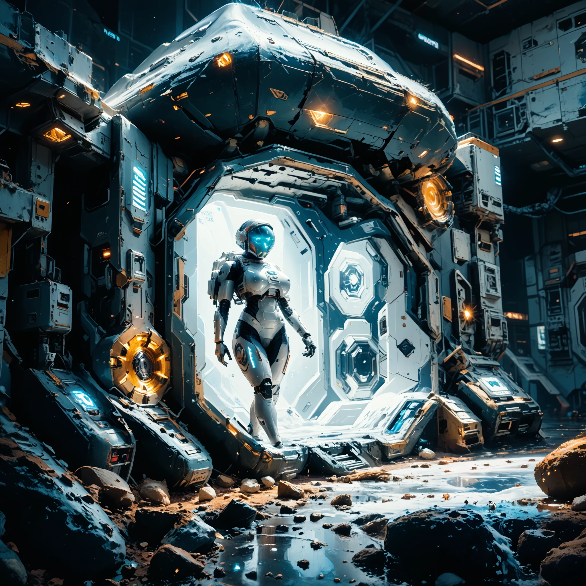 Mathilda, Robotic White skinned woman, Bob cut Black Hair, Large Breast, Voluptuous Build, wide hipped, thick thighs, wearing a White and Blue High Tech Astronaut Suit, iridescent White glowing glass eyes, standing on the Lunar surface, Advanced Lunar Rover to the side, Arcology in the Background