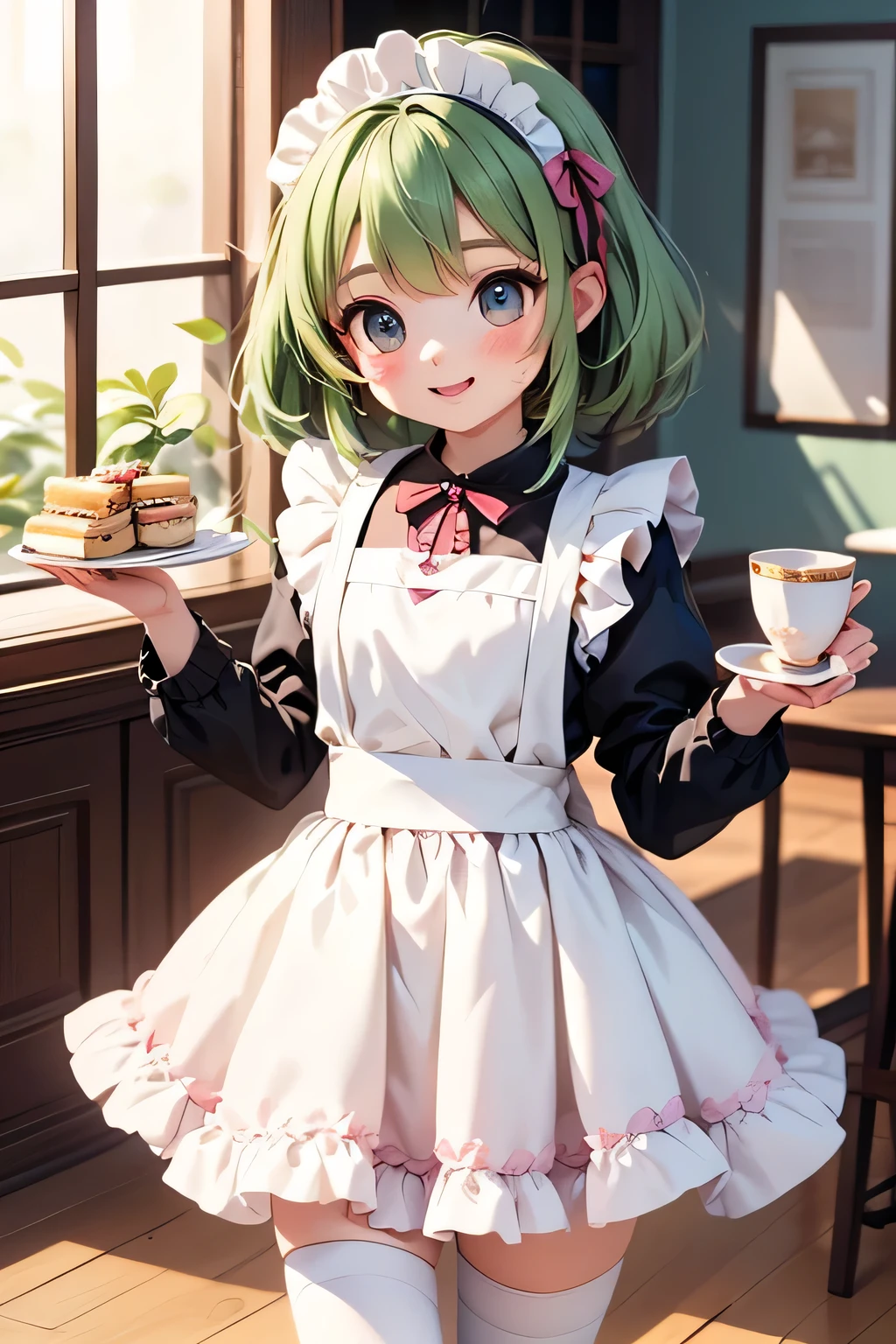 best quality、 high resolution、( high definition:1.2)、 Masterpiece、 detailed background、age beauty、( highly detailed faces:1.3)、 detailed expressions 、( Details:1.3)、 anatomically correct、(Normal number of fingers:1.3)、
(A moment at a maid cafe wrapped in a slightly sweet and warm atmosphere:1.5)、
A pastel colored dress that settles down on a white apron with fluffy frills、} The maids are happily going back and forth between the store and carefully carrying tea and scones while rocking their fluffy aprons and ribbons {x} The interior, which is based on white and pink, is lovely like a picture book world, and pretty flowers adorn the window, and the sun gently shines in、counter where they smile while polishing cups and sometimes panic over small mistakes、When you open a small cafe door, a gentle bell sounds and the sweet scent of baked goods drifts softly at the、A gentle time carrying a gentle smile and happiness spread inside the store、A moment at a maid cafe wrapped in a slightly sweet and warm atmosphere、A lace petticoat peeking through a fluffy, sprawling knee-length skirt、small ruffled headbands and bonnets with ribbons、lace accents on puff sleeves and three-quarter sleeves、customers Heartfelt hospitality continues to flow so that you can relax、loafers with ribbons、white knee socks and tights、Elegant gestures with ribbon chokers and、Small brooch、trays、 very beautiful