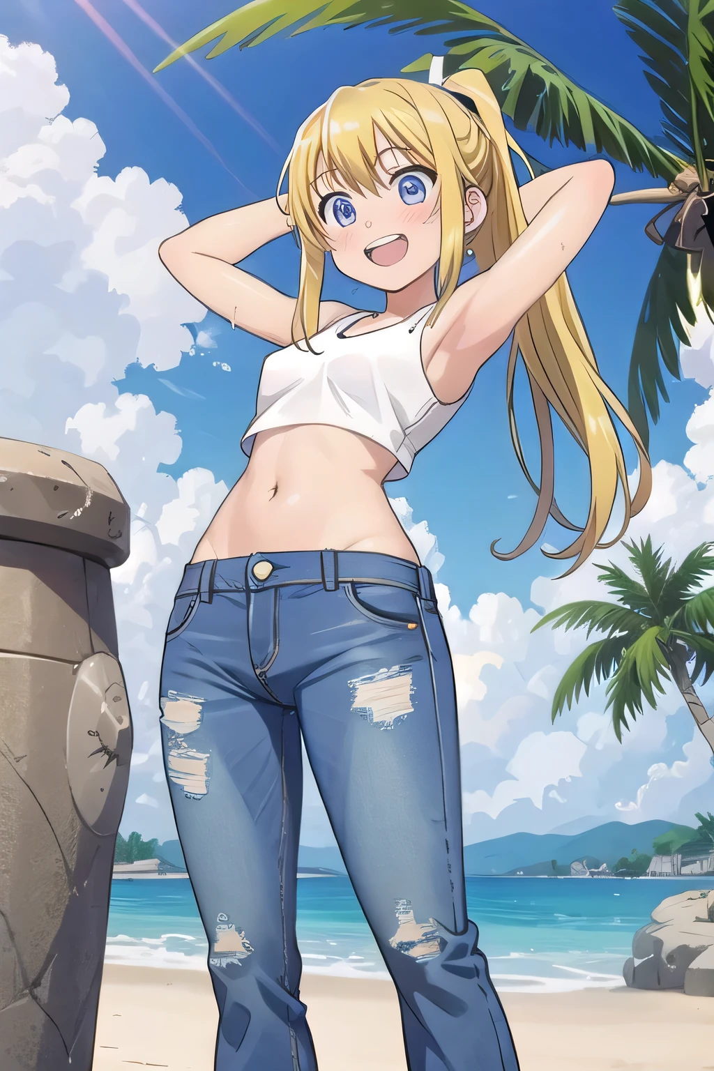 masterpiece,best quality,ultra detail, ((Perfect Face, Perfect Arms, Perfect hands, Perfect Fingers)), 1girl, 14yo, petite, ((round face, ecstasy, orgasm face, drooping eyes, shame smiling, blush)), dropping eyes, sleepy, Open mouth, ((White teeth)), background((under the beach, (day:1.2), palm tree, bright sky)), winry rockbell, blue eyes, blonde hair, (long hair:1.4), ponytail, earrings, ((arms behind head, hands behind head, fingers behind head)), ((contrapposto)), spread armpits, looking at viewer,, (white tank top:1.2), (white crop top:1.2), (jeans pants:1.2, flares jeans:1.2, skinny jeans:1.2, blue jeans:1.2), standing, (legs spread:1.4), sex pose, Sweaty crotch, Steam from the crotch, from below, whole body