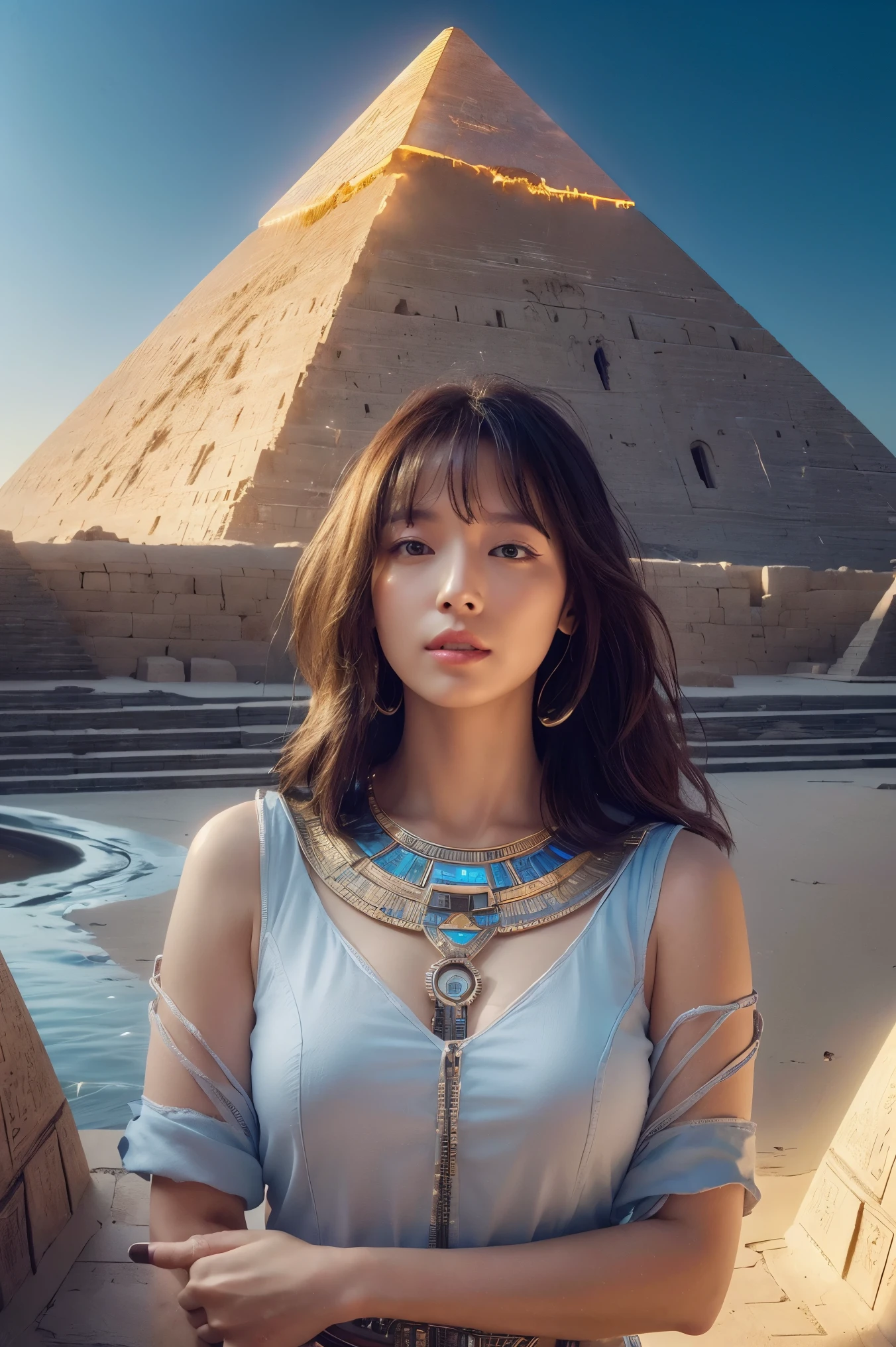 (( best quality、8k、 masterpiece:1.3))、 photo real,  Sharp Concentration ,   high definition ,  high resolution,  portrait with hair, 1 person, woman, beautiful woman,  sexy、古代エジプトを歩くエジプトのwoman戦士、Complex technology,  Remote Pyramids and Ancient Egyptian Cities、cyber-、 Light and Shadow 、Blue light、