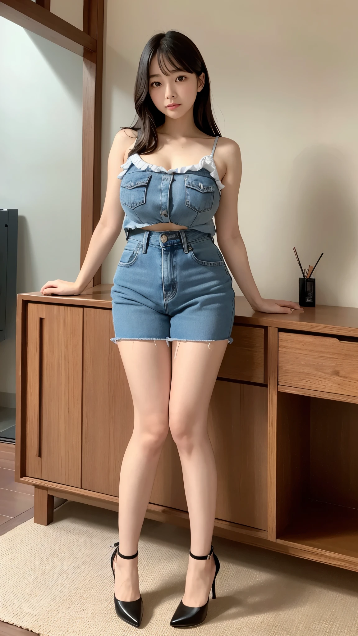 (Daytime, Excellent, 8K, Masterpiece:1.3)), Full body, Long legs, Focal length: 1.2, Perfect Body Beauty: 1.4, Slim Abs: 1.1, ((layered hairstyles, Big Breasts: 1.2 )), (blouse, shorts skirt, sneakers, Standing: 1.2), ((City, Blue Sky and White Clouds: 1.3)), Highly detailed face and skin texture, Detailed eyes, Double eyelids, smile