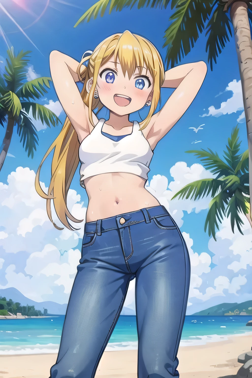 masterpiece,best quality,ultra detail, ((Perfect Face, Perfect Arms, Perfect hands, Perfect Fingers)), 1girl, , peti ((round face, ecstasy, orgasm face, drooping eyes, shame smiling, blush)), dropping eyes, sleepy, Open mouth, ((White teeth)), background((under the beach, (day:1.2), palm tree, bright sky)), winry rockbell, blue eyes, blonde hair, (long hair:1.4), ponytail, earrings, ((arms behind head, hands behind head, fingers behind head)), ((contrapposto)), spread armpits, looking at viewer,, (white tank top:1.2), (white crop top:1.2), (jeans pants:1.2, flares jeans:1.2, skinny jeans:1.2, blue jeans:1.2), standing, (legs spread:1.4), sex pose, Sweaty crotch, Steam from the crotch, from below, whole body