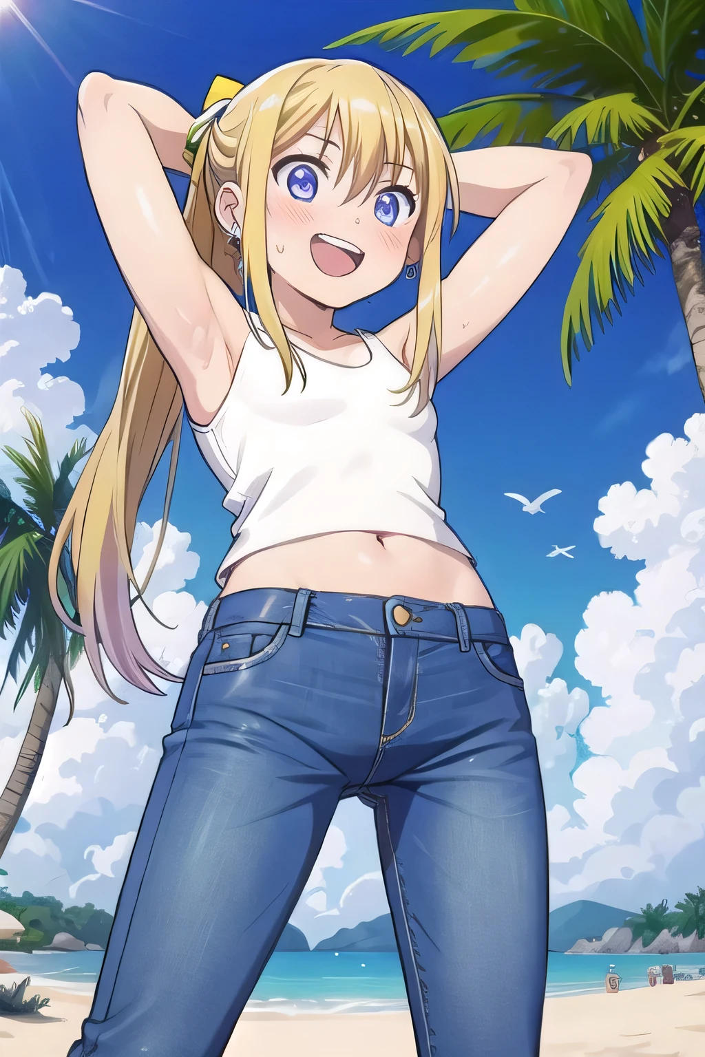masterpiece,best quality,ultra detail, ((Perfect Face, Perfect Arms, Perfect hands, Perfect Fingers)), 1girl, 14yo, petite, ((round face, , , drooping eyes, shame smiling, blush)), dropping eyes, sleepy, Open mouth, ((White teeth)), background((under the beach, (day:1.2), palm tree, bright sky)), winry rockbell, blue eyes, blonde hair, (long hair:1.4), ponytail, earrings, ((arms behind head, hands behind head, fingers behind head)), ((contrapposto)), spread armpits, looking at viewer,, (white tank top:1.2), (white crop top:1.2), (jeans pants:1.2, flares jeans:1.2, skinny jeans:1.2, blue jeans:1.2), standing, (legs spread:1.4), pose, Sweaty , Steam from the , from below, whole body