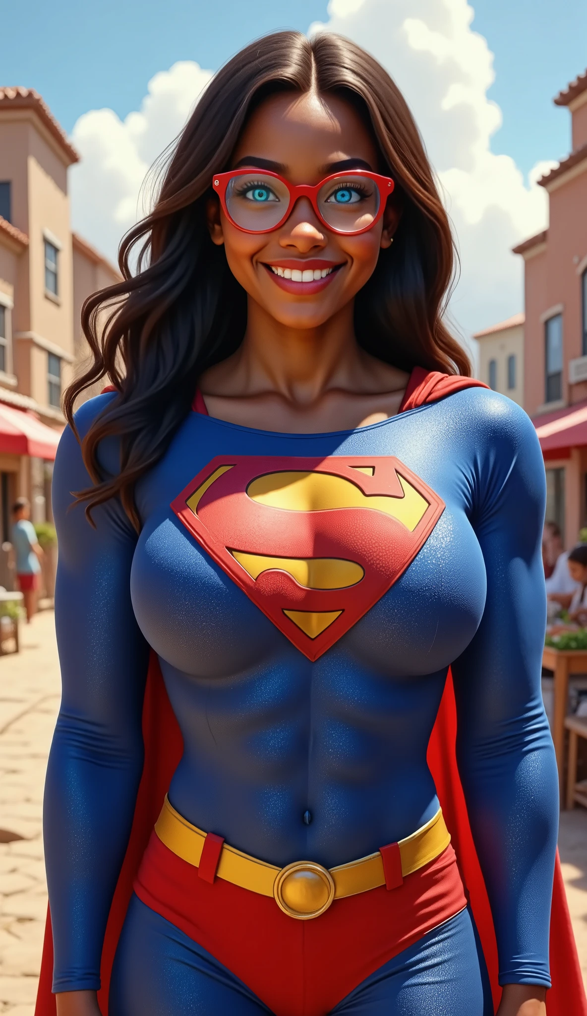 STANDING, a 19-year-old Black girl, dark-skinned and beaming. She's wearing a brand-new 1980 Superman suit, the latest design, and her joy is infectious. Her long hair flows around her shoulders, catching the light. She's wearing a pair of bright red, almost futuristic glasses, but they can't hide the stunning, sexy blue of her eyes. They sparkle with excitement, reflecting the vibrant colors of the suit. Capture that youthful wonder, that sense of pure glee. She's not posing heroically, just basking in the feeling of embodying her hero. Describe the scene in vivid detail. SUNLIGHT reflects not just the suit, but the power of hope and inspiration it represents for her. Show the texture of the suit, the way it fits her body. Emphasize the genuine, almost like fandom shining in her vibrant blue eyes as she looks at the viewer