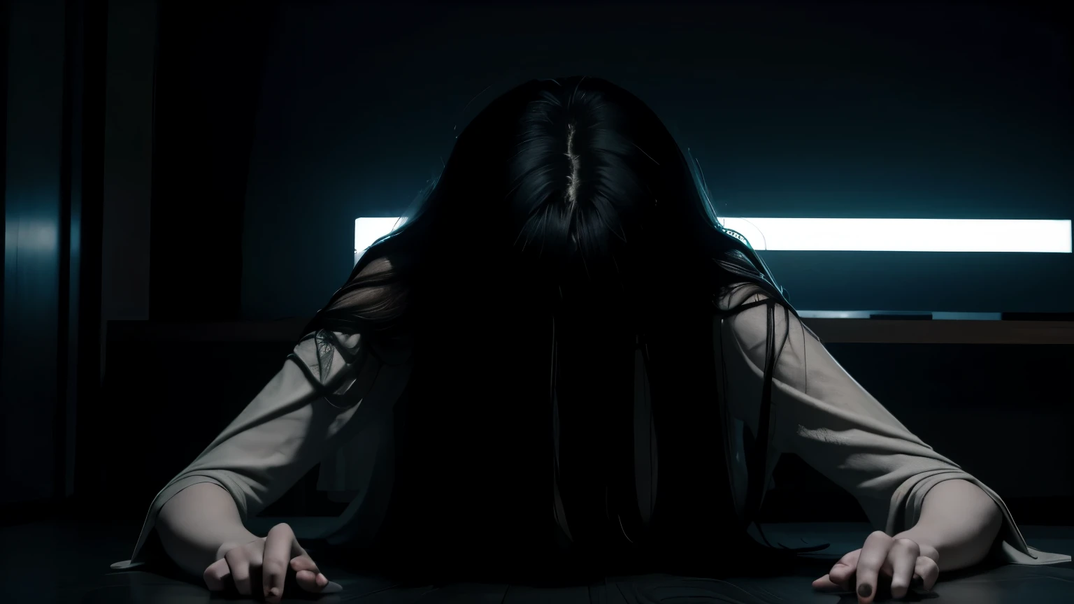 /Mid-range Shot, Slight Low Angle, Slow Tracking-In; The old CRT television flickers violently with static noise, the screen distorting unnaturally. A pale, decayed hand with long, claw-like nails slowly emerges from the screen, fingers twitching erratically. The air grows heavy as the rest of her arm slithers forward, her bony joints cracking subtly. Her long, jet-black hair, soaked and stringy, spills out, obscuring her face as she drags herself closer. A second hand grips the edge of the screen, tightening unnervingly before she begins to pull her upper body through. Her movements are slow yet unsettlingly fluid, as if bending reality itself. Her white, tattered kimono clings to her thin frame, dampened by an eerie, unseen force.
As her head tilts forward, hair shifts slightly, revealing glimpses of her ghostly pale skin and hollow, shadowed eyes. Her lips part slightly, but no sound escapes—only the oppressive silence of impending doom. Her elbows bend at unnatural angles as she contorts through the screen, her body moving like a broken marionette yet with an unearthly grace. The wooden floor beneath her creaks under her weight as she crawls forward, her fingers splaying unnaturally wide before tightening into a clawed grip. The TV screen behind her continues to pulse ominously, the static intensifying, distorting reality as if something else is about to emerge.
Her slow, deliberate crawl forward oozes menace, her presence suffocating the air in the room. The dim lighting flickers erratically, casting shifting shadows that seem to stretch unnaturally toward her. Just as she lifts her head slightly, her jet-black hair sways subtly, hinting at the abyssal gaze beneath. The entire scene breathes with an eerie stillness, as if time itself is hesitating in her presence.
Ultra HDR, 3D intricate details, realistic lighting, dramatic lighting, hyperrealistic detailing, cinematic horror, Japanese ghost horror, unsettling atmosphere.