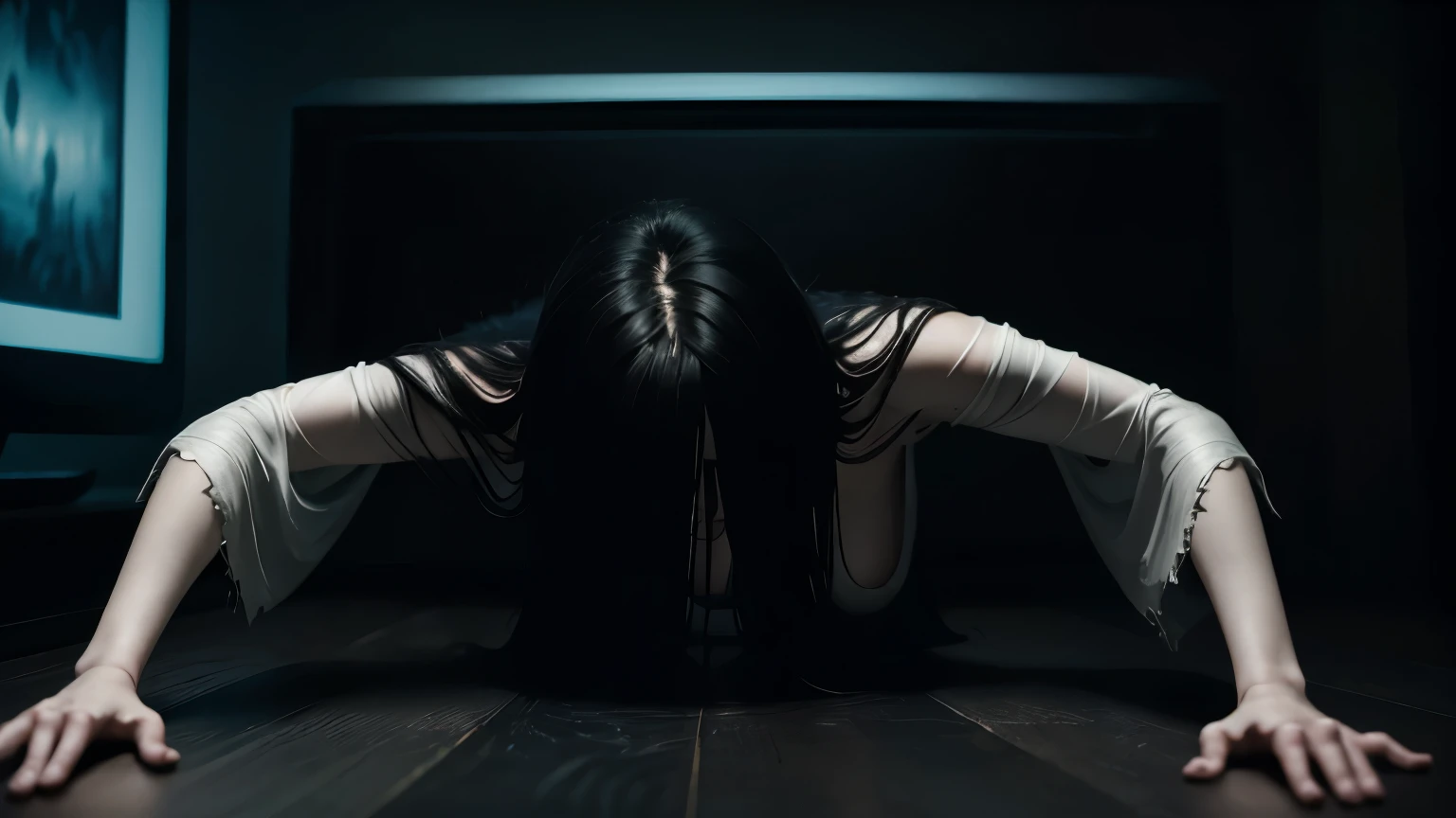 /Mid-range Shot, Slight Low Angle, Slow Tracking-In; The old CRT television flickers violently with static noise, the screen distorting unnaturally. A pale, decayed hand with long, claw-like nails slowly emerges from the screen, fingers twitching erratically. The air grows heavy as the rest of her arm slithers forward, her bony joints cracking subtly. Her long, jet-black hair, soaked and stringy, spills out, obscuring her face as she drags herself closer. A second hand grips the edge of the screen, tightening unnervingly before she begins to pull her upper body through. Her movements are slow yet unsettlingly fluid, as if bending reality itself. Her white, tattered kimono clings to her thin frame, dampened by an eerie, unseen force.
As her head tilts forward, hair shifts slightly, revealing glimpses of her ghostly pale skin and hollow, shadowed eyes. Her lips part slightly, but no sound escapes—only the oppressive silence of impending doom. Her elbows bend at unnatural angles as she contorts through the screen, her body moving like a broken marionette yet with an unearthly grace. The wooden floor beneath her creaks under her weight as she crawls forward, her fingers splaying unnaturally wide before tightening into a clawed grip. The TV screen behind her continues to pulse ominously, the static intensifying, distorting reality as if something else is about to emerge.
Her slow, deliberate crawl forward oozes menace, her presence suffocating the air in the room. The dim lighting flickers erratically, casting shifting shadows that seem to stretch unnaturally toward her. Just as she lifts her head slightly, her jet-black hair sways subtly, hinting at the abyssal gaze beneath. The entire scene breathes with an eerie stillness, as if time itself is hesitating in her presence.
Ultra HDR, 3D intricate details, realistic lighting, dramatic lighting, hyperrealistic detailing, cinematic horror, Japanese ghost horror, unsettling atmosphere.