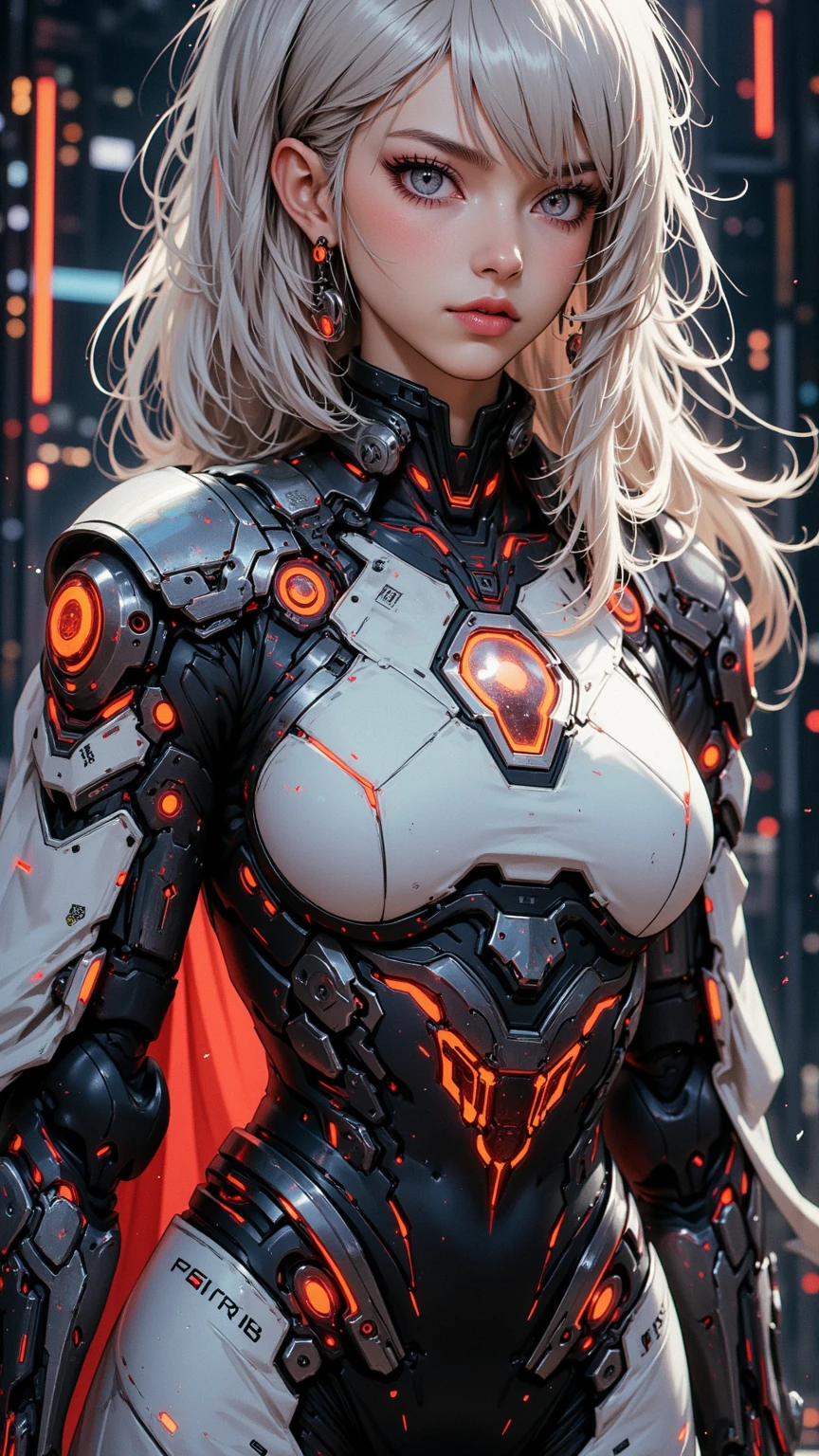 Mecha_daughter, 1 Girl, long_hair, (Sagging breasts、Cleavage, cleveage、Thick thighs)), Perfect body_novel, arms, sword, Keep_sword, orange_Eye, Solitary, hat, Keep_arms, Mecha, permanent