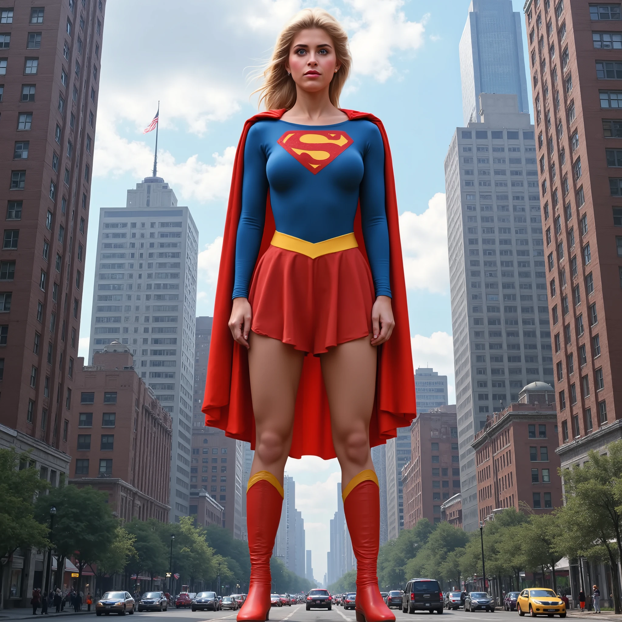 Generate a photorealistic image of Supergirl, towering over skyscrapers, wearing the classic 1980s Supergirl costume with boots and cape. She's so tall, her boot, the size of a small car, gently touches down on Main Street, The wind from her sigh rustles the skyscrapers below. She looks bewildered, wondering how she can save the day when her mere presence causes city-wide panic. The overall image should be highly detailed and realistic, emphasizing the vast difference in scale between Supergirl and the city.