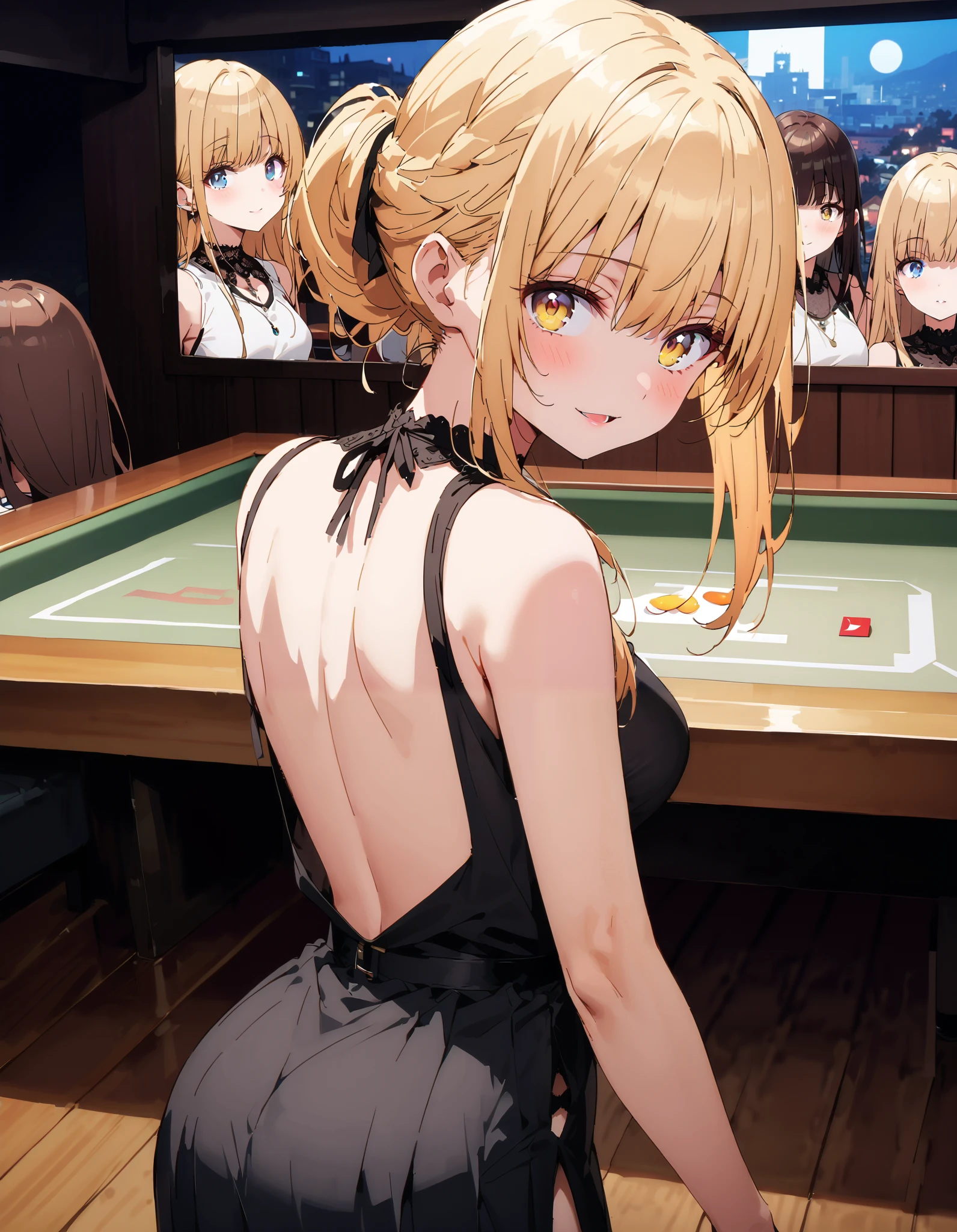 score_9, score_8_up, score_7_up, source_Anime,
It's so dizzying, Mahiru Shiina, bangs, blonde hair, brown hair, yellow eyes,half updo, sleeveless dress ,A dress that shows your back, long slit skirt, egg looking back in the vagina,smile,blush, open your mouth, table, beautiful night view with depth, pin heels, like the whole body is in the illustration,
break indoors, party venue,
break looking at viewer,
break ( Masterpiece:1.2), best quality , kampala, Unity 8K Wallpaper ,(shape:0.8),( fine, beautiful eyes :1.6),It's a person , full body photo,CG Details , ( perfect hands, complete anatomy),