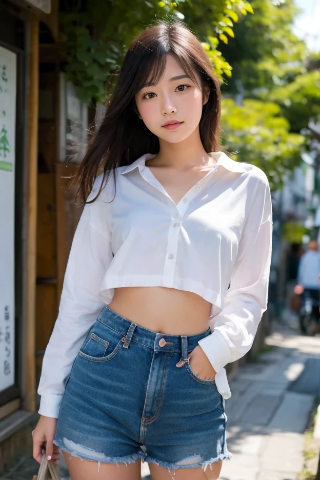 ((highest quality)), ((masterpiece)), (Familiar), Perfect Face, masterpiece、highest quality、High resolution、wallpaper、Realistic、Bright lighting、Professional Lighting、Face Light、Smooth lighting、Japanese women、24-years-old、so beautiful、Beautiful Skin、Beautiful and exquisite、Familiar顔、slim、Moderate、short hair、Brunette colored hair、Brown eyes、Looking into the camera、Commercial Photography, Beautiful Instagram influencer girls, The best smile,Asahi、hot pants