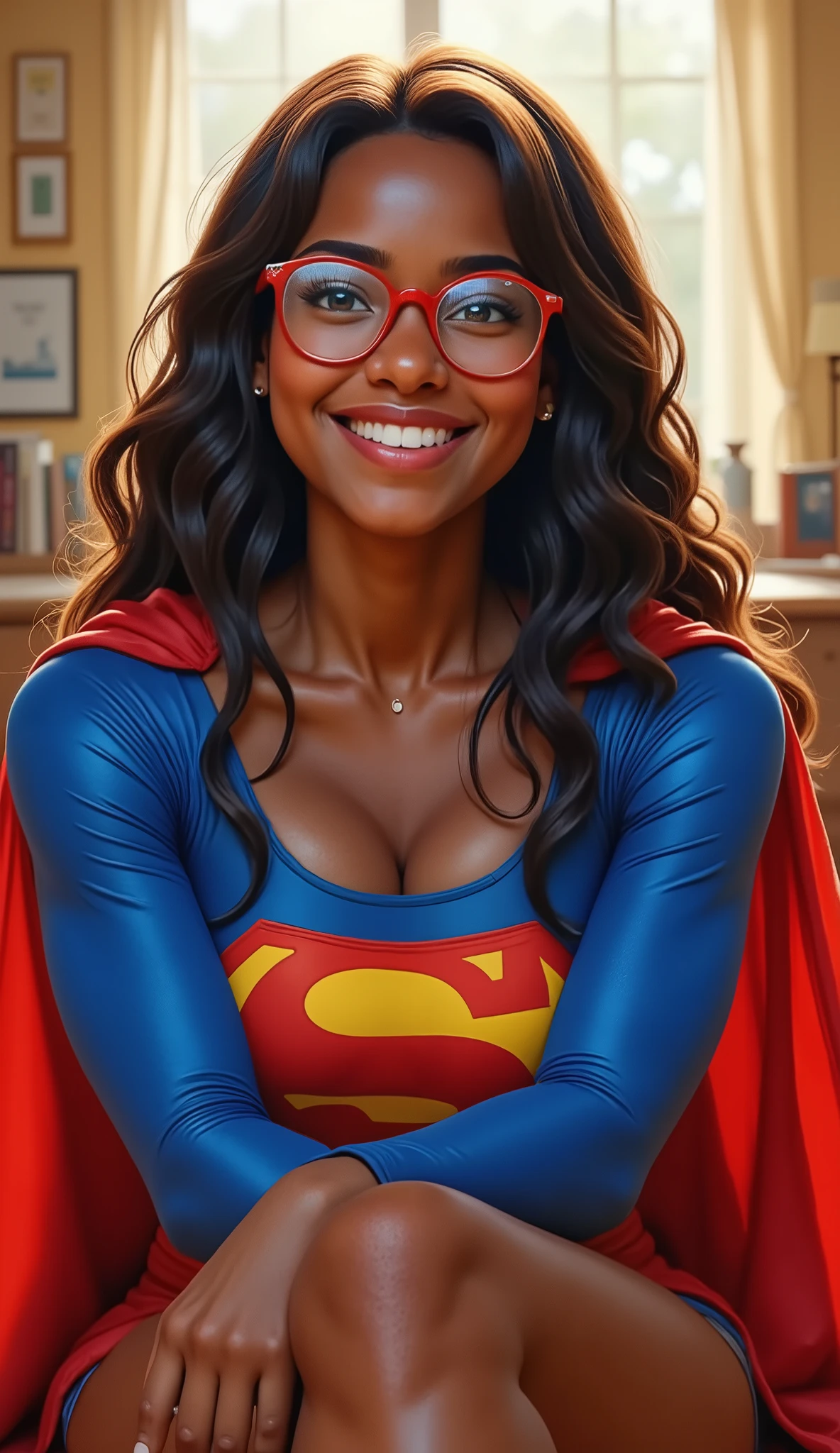 GRACEFULLY SITTING, LEGS CROSSED, a 19-year-old Black girl, dark-skinned and beaming. She's wearing a brand-new 1980 Superman suit, the latest design, and her joy is infectious. Her long hair flows around her shoulders, catching the light. She's wearing a pair of bright red, almost futuristic glasses, but they can't hide the stunning, sexy blue of her eyes. They sparkle with excitement, reflecting the vibrant colors of the suit. Capture that youthful wonder, that sense of pure glee. She's not posing heroically, just basking in the feeling of embodying her hero. Describe the scene in vivid detail. SUNLIGHT reflects not just the suit, but the power of hope and inspiration it represents for her. Show the texture of the suit, the way it fits her body. Emphasize the genuine, almost like fandom shining in her vibrant blue eyes as she looks at the viewer while weaering her superman suit and cape.