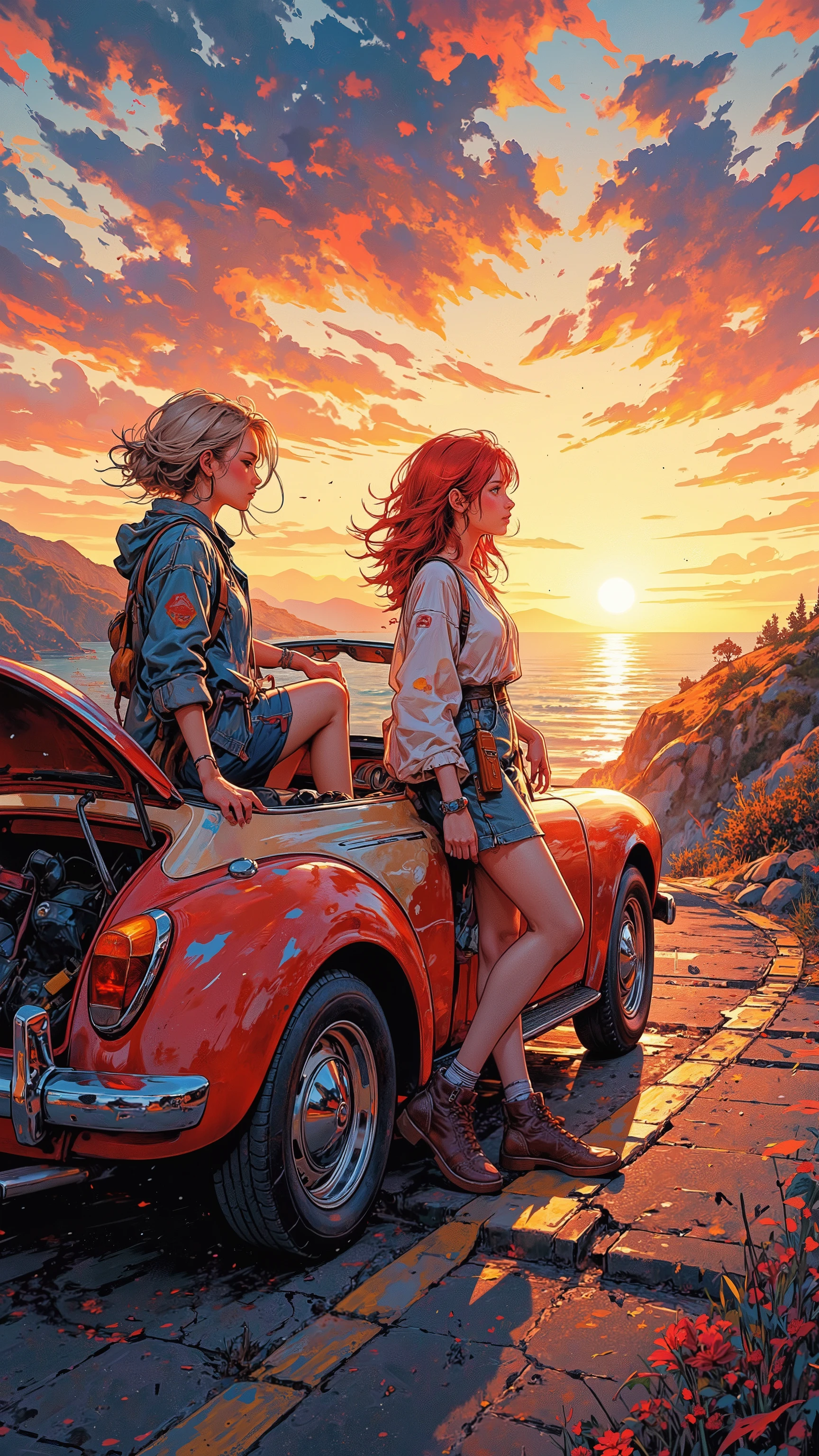 A high-resolution digital painting of two pretty females, one blonde and one redhead, watching a breathtaking sunset during their road trip. They stand beside their open hatch classic car, parked along a scenic coastal road. The blonde, with loose windswept hair, wears a casual denim jacket, while the redhead, in a flowing sundress, leans against the car, both radiating a relaxed, adventurous vibe. The background features a glowing sunset sky filled with rich shades of orange, pink, and purple, with soft clouds and golden light reflecting off the car’s polished surface. Rolling hills and a calm ocean stretch into the distance, while subtle lens flares and warm tones enhance the dreamy, nostalgic feel. The minimalistic composition emphasizes the bond between the characters and the peaceful beauty of the sunset, perfect for road trip-themed artwork or a book cover.