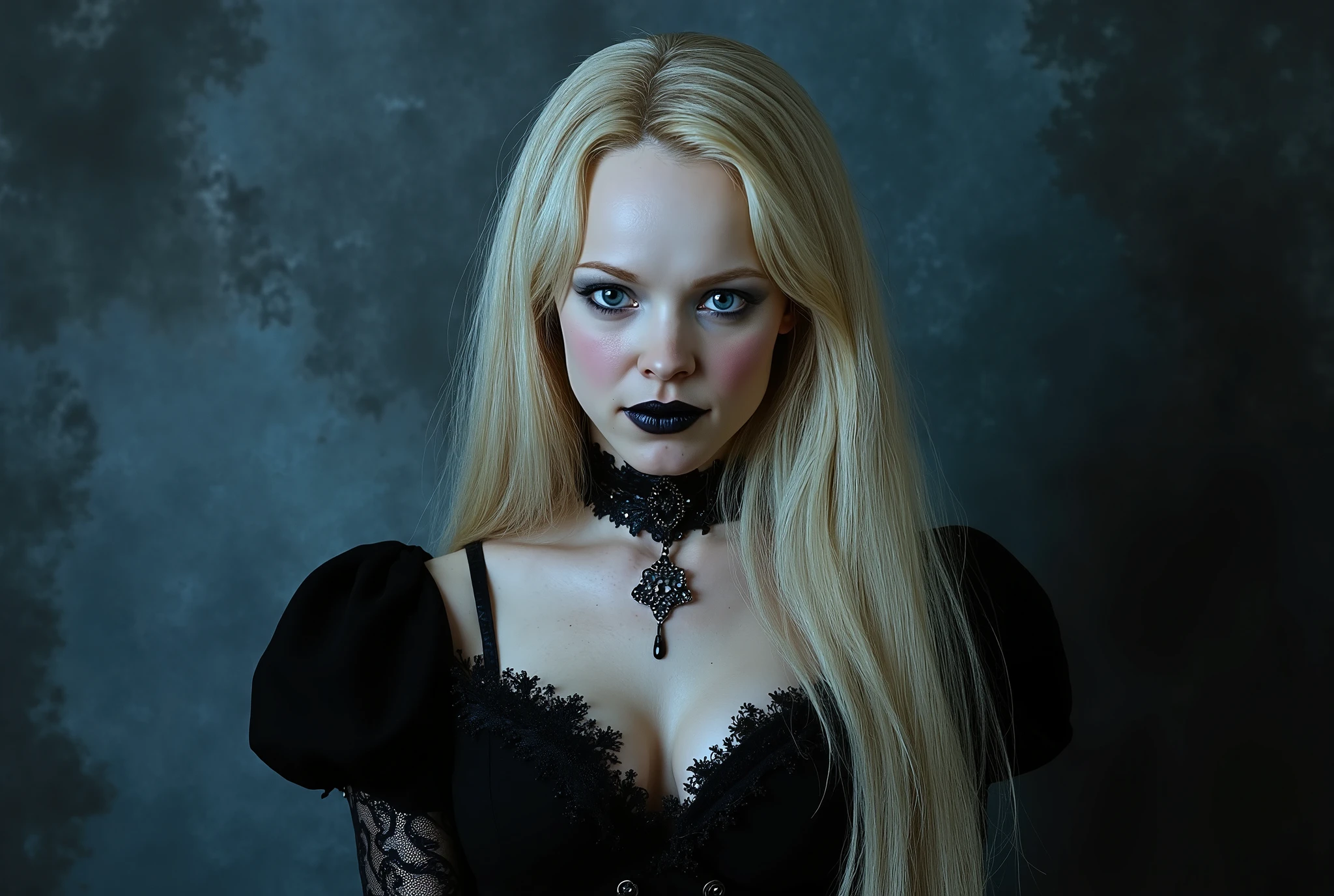 An extremely detailed hyper realistic photo of an extremely curvaceous enigmatic young woman in her late s portrayed by a young Charlize Theron wearing gothic attire with a theme inspired by the Hunter from Bloodborne by FromSoftware with a look on her face that is somewhere between inviting and alluring and sinister and mischievous, centered in the frame. She has pale skin, striking blue eyes accentuated by dark gothic makeup, and full lips colored in a muted black shade. Her platinum blonde hair flows down her back in voluminous waves, styled in a slightly tousled manner that adds dynamism to the portrait. An ornate black leather choker adorns her neck, adding elegance to her attire. The lighting is soft and diffused, casting subtle shadows and highlights that emphasize her facial features and the texture of her clothing while maintaining a somber mood. The background consists of dark, textured brushstrokes in shades of midnight blue and charcoal gray, which enhance the overall mysterious atmosphere without drawing attention away from the subject. The color palette includes deep blacks, pale porcelain whites, and accents of midnight blue, contributing to the dark fantasy aesthetic. The composition centers on the character's intense gaze, creating a captivating portrait with an alluring and sinister expression.