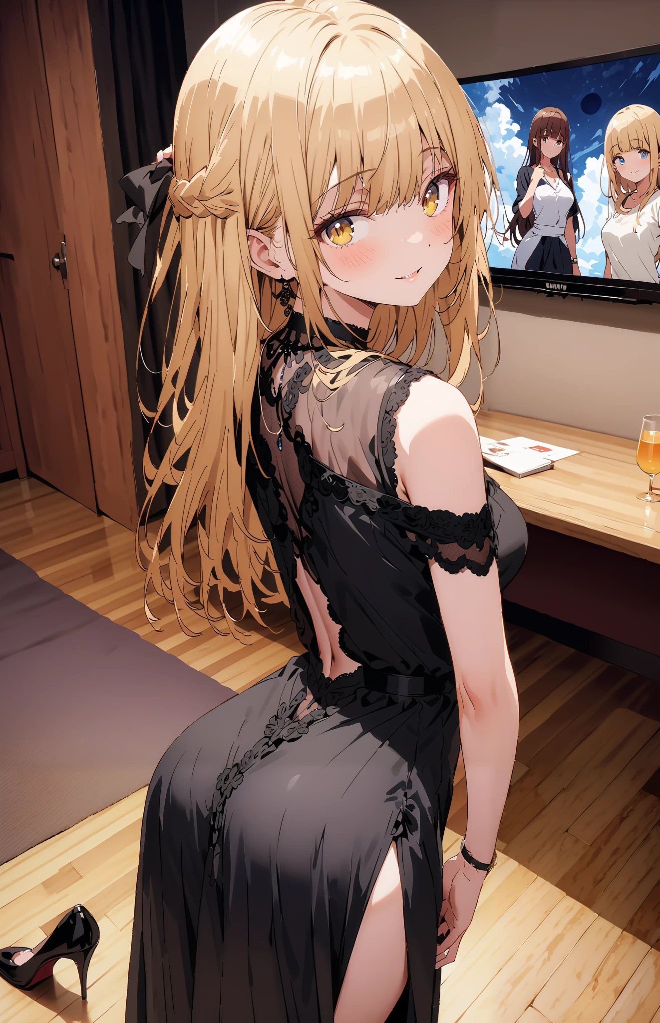 (NFSW),anime, Beautiful Face, Highly detailed face, two exact legs、Detailed eyes, Highly detailed background, Perfect lighting, Accurate weapons, Beautiful blonde hair, Accurate hands, Accurate Fingers, whole body, One girl, alone, Hoshino Ruby, oshi no ko, indoor, Detailed heels, Black high heels, Detailed thighs, Absurd, High resolution, Super sharp, 8K, masterpiece, View your viewers, Teasing Smile, Clubbing, At the nightclub, Nightclub costumes, Get on the floor, Cowgirl, Looking over your shoulder, (Rear view:1.25), Ass View, 